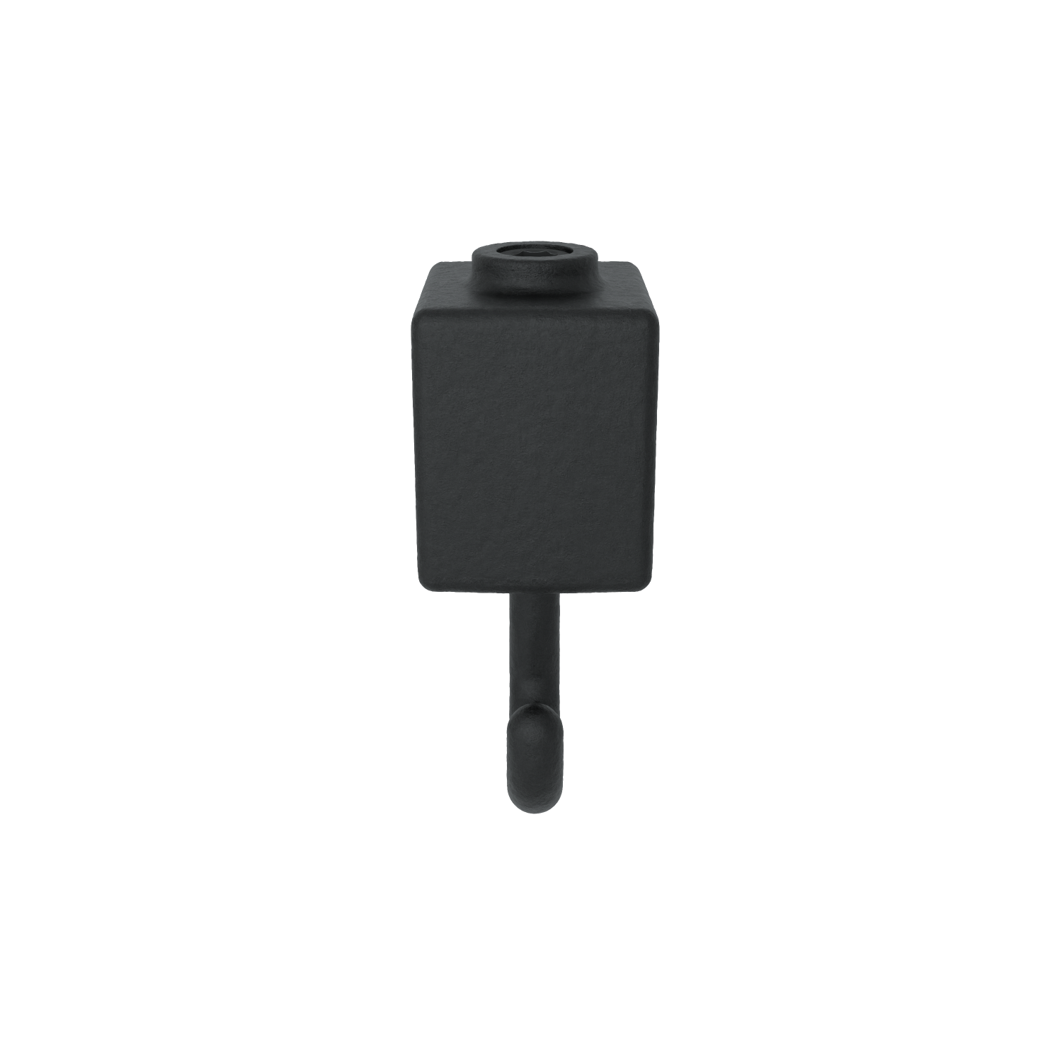 Un gancho de pared negro mate con base rectangular. Arriba, un hueco redondeado marca el punto de fijación. Abajo, un gancho sencillo y redondeado apunta hacia delante y hacia abajo. Centrado sobre fondo blanco puro.
