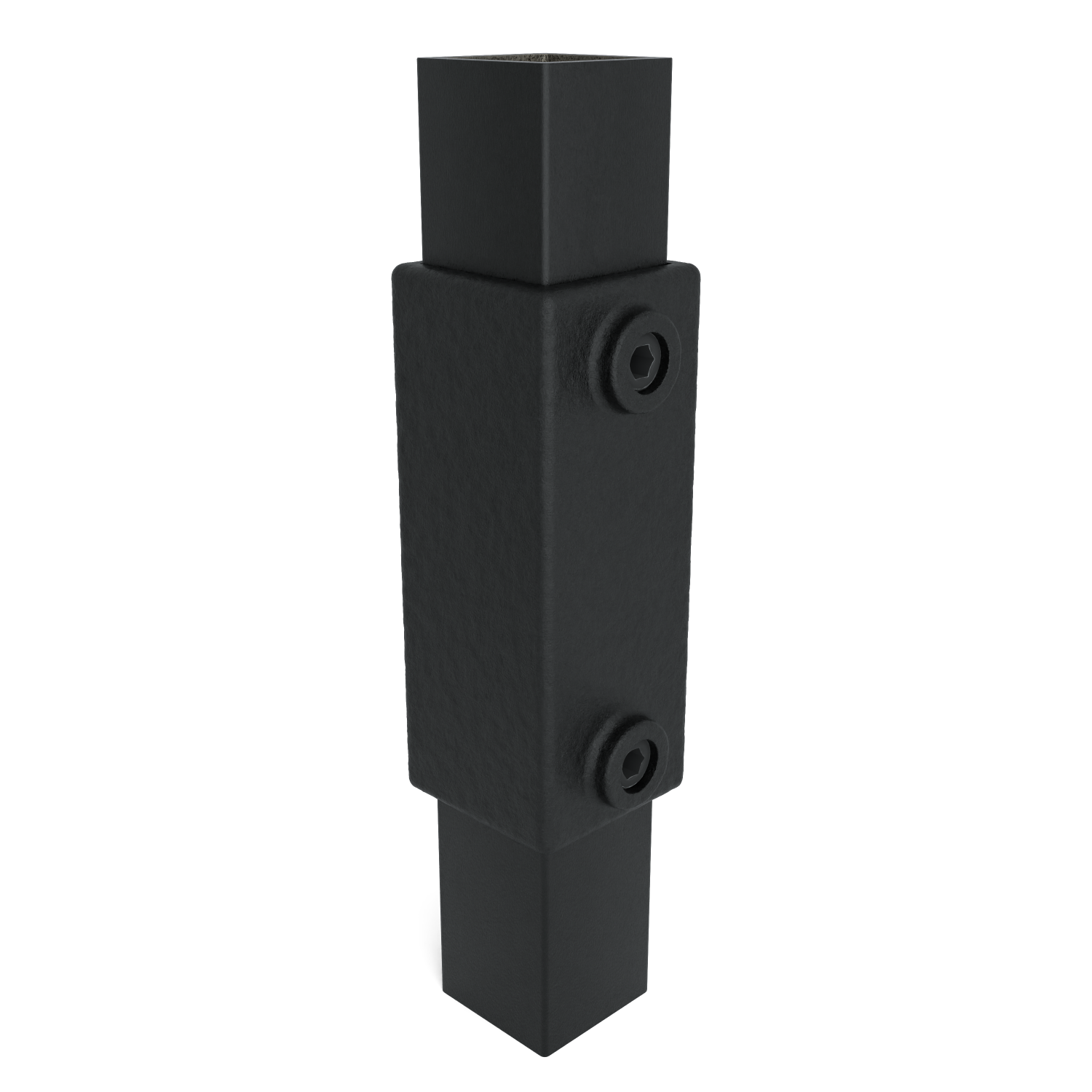 Un conector metálico vertical, negro y robusto, con textura rugosa, formado por dos barras cuadradas unidas por una carcasa rectangular más ancha situada en el centro. Se ven dos tornillos Allen en lados opuestos.