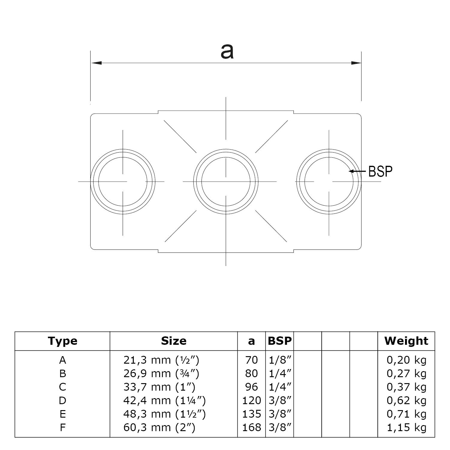 Pieza transversal, continua 21,3 mm (½")