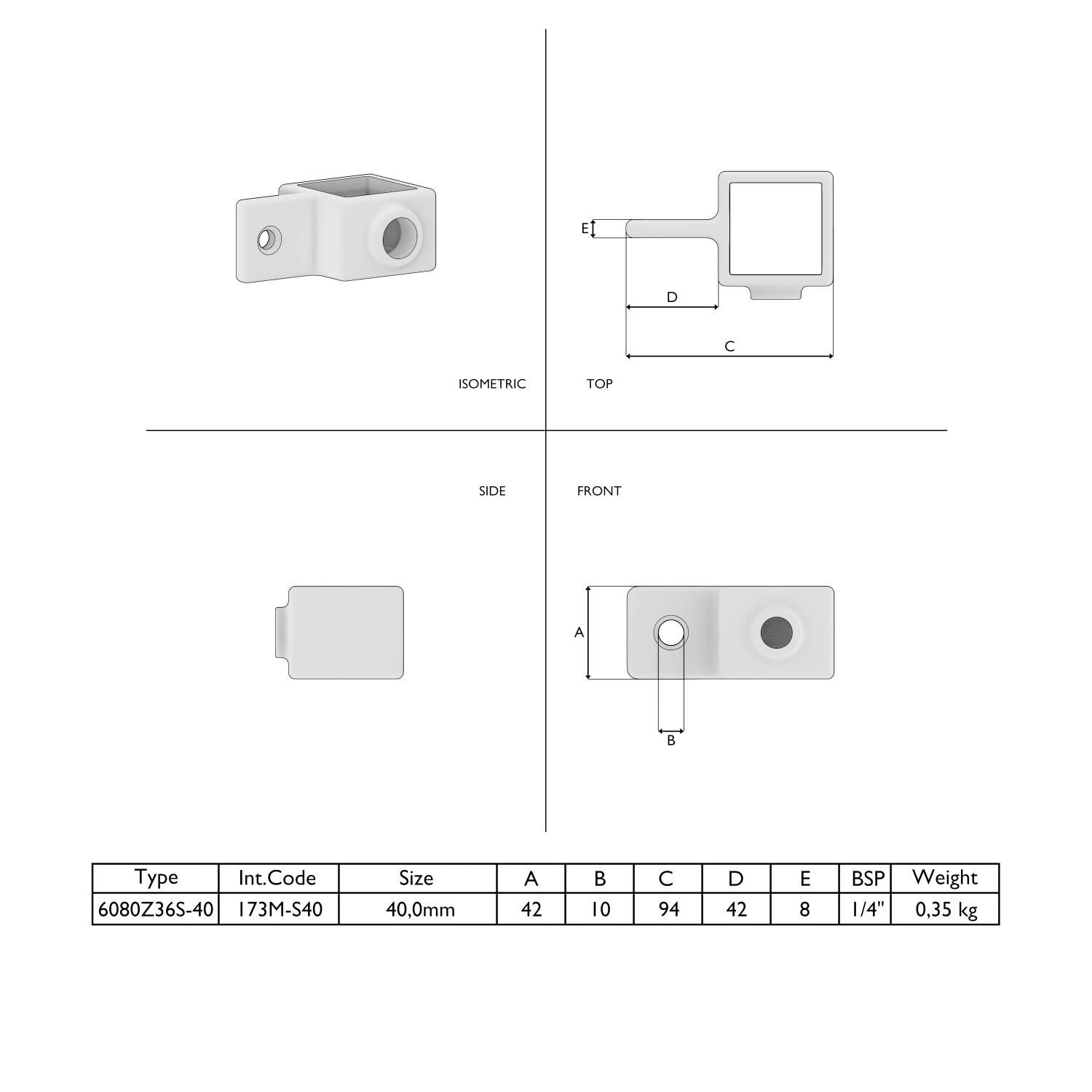Conector metálico con abertura cuadrada, brida de montaje y orificio roscado. Ficha técnica con diferentes vistas, cotas y una tabla de especificaciones para el tipo 6080Z36S-40, incluyendo dimensiones, peso y conexión.