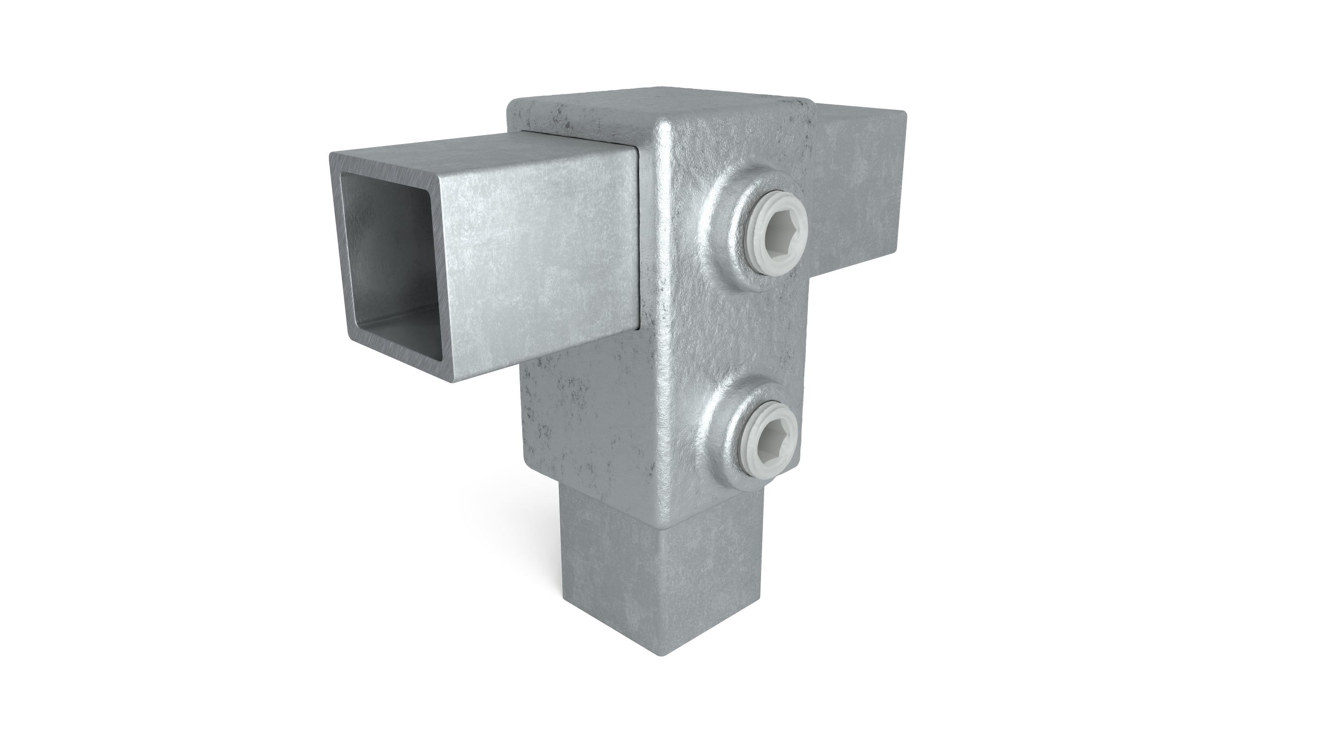 Empalme angular metálico gris plateado resistente que une tres tubos cuadrados en ángulo recto. Tres aberturas; exterior con dos tornillos Allen visibles y arandelas plásticas blancas de fijación. Superficie texturizada tipo fundición.