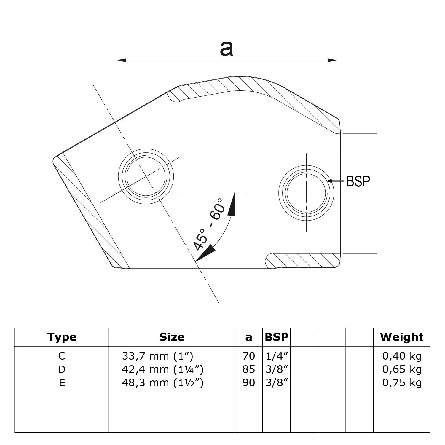 Pieza en T, corta Ajustable 30° - 60° 42,4 mm (1¼")
