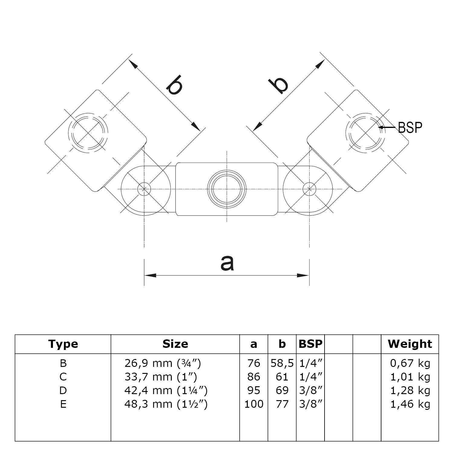 Conector de doble junta, 60,3 mm, 2", compuesto por 1 x 608038F y 2 x 608042F incl. 2 tornillos M10x40