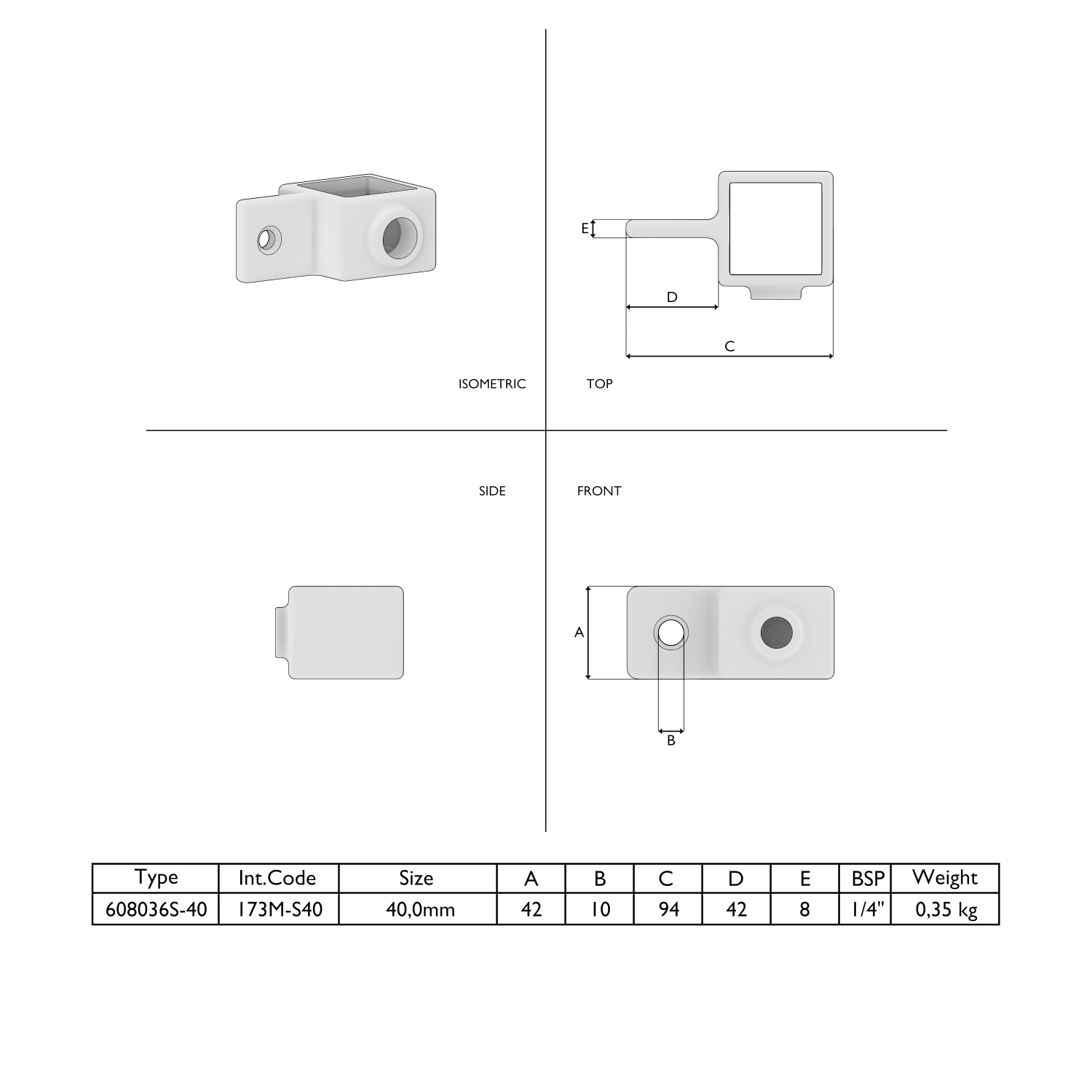Diagrama técnico de conector de tubos en L blanco, con encaje cuadrado y zona plana de fijación con dos aberturas redondas, una roscada. Vistas (iso, superior, lateral, frontal) con cotas; tabla de especificaciones.