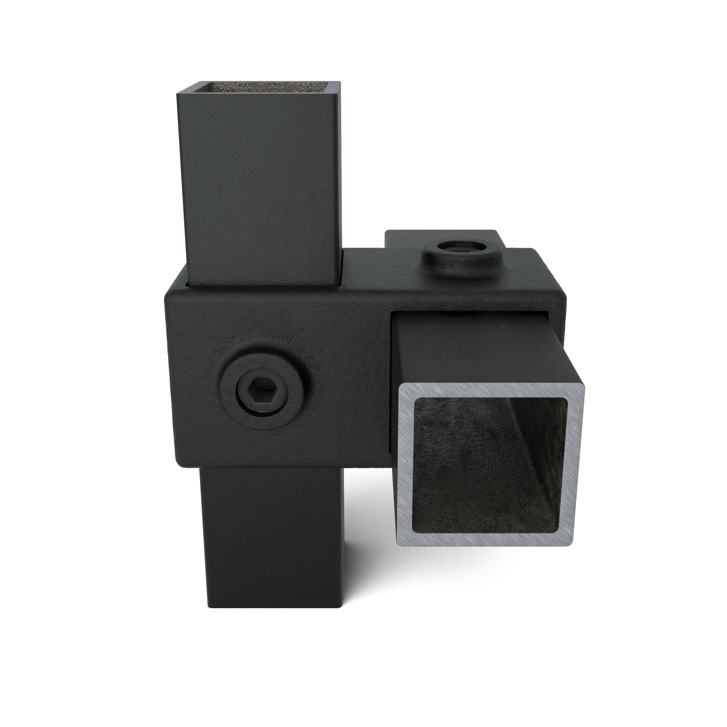 Conector metálico negro y resistente para perfiles cuadrados. Bloque central con tres tubos cuadrados: hacia arriba, hacia abajo y hacia la derecha. Tubo derecho abierto, borde plateado, interior oscuro visible. Con tornillos de cabeza hexagonal.