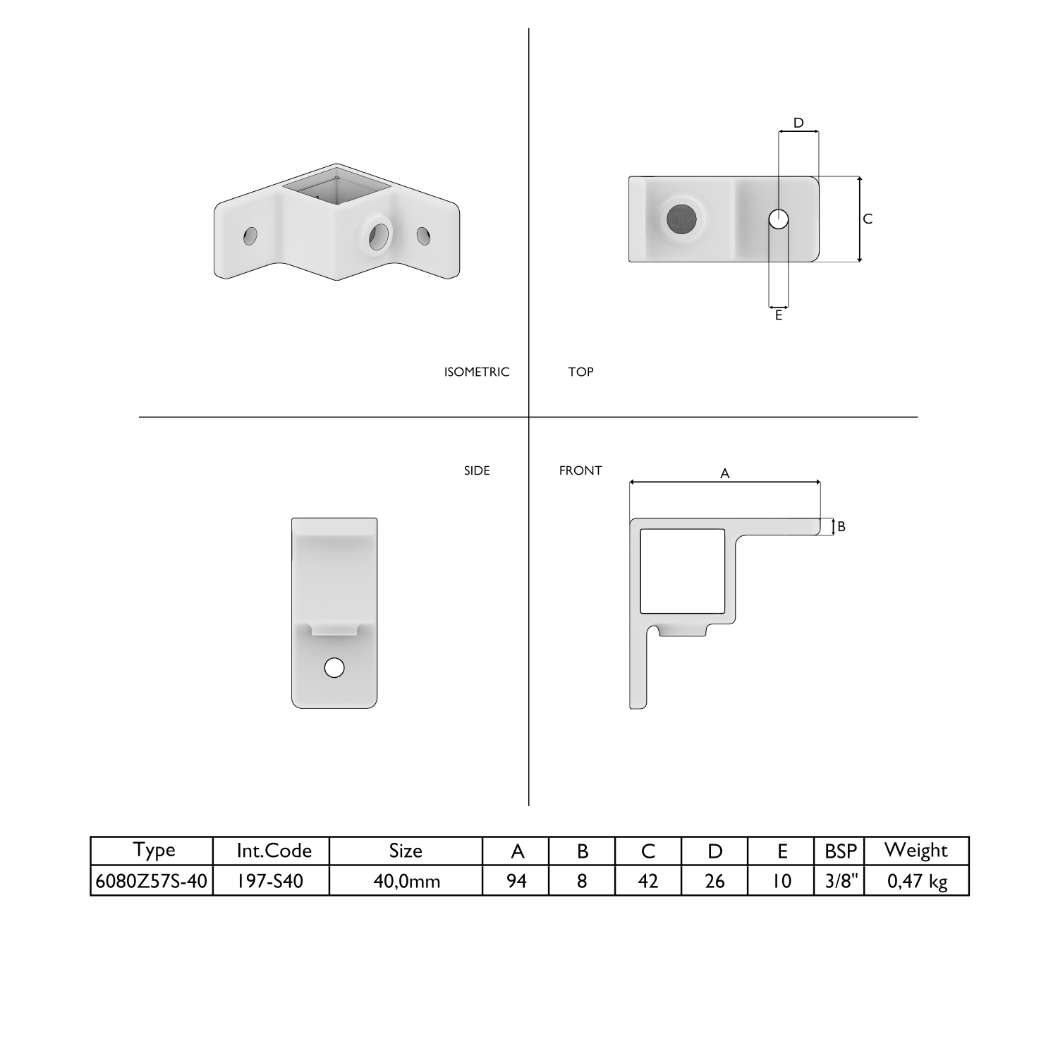 Dibujo técnico de un conector de esquina en L blanco con abertura cuadrada y tres orificios de montaje. Incluye cuatro vistas (isométrica, superior, lateral y frontal) y una tabla con dimensiones, tipo, código, tamaño y peso (0,47 kg).