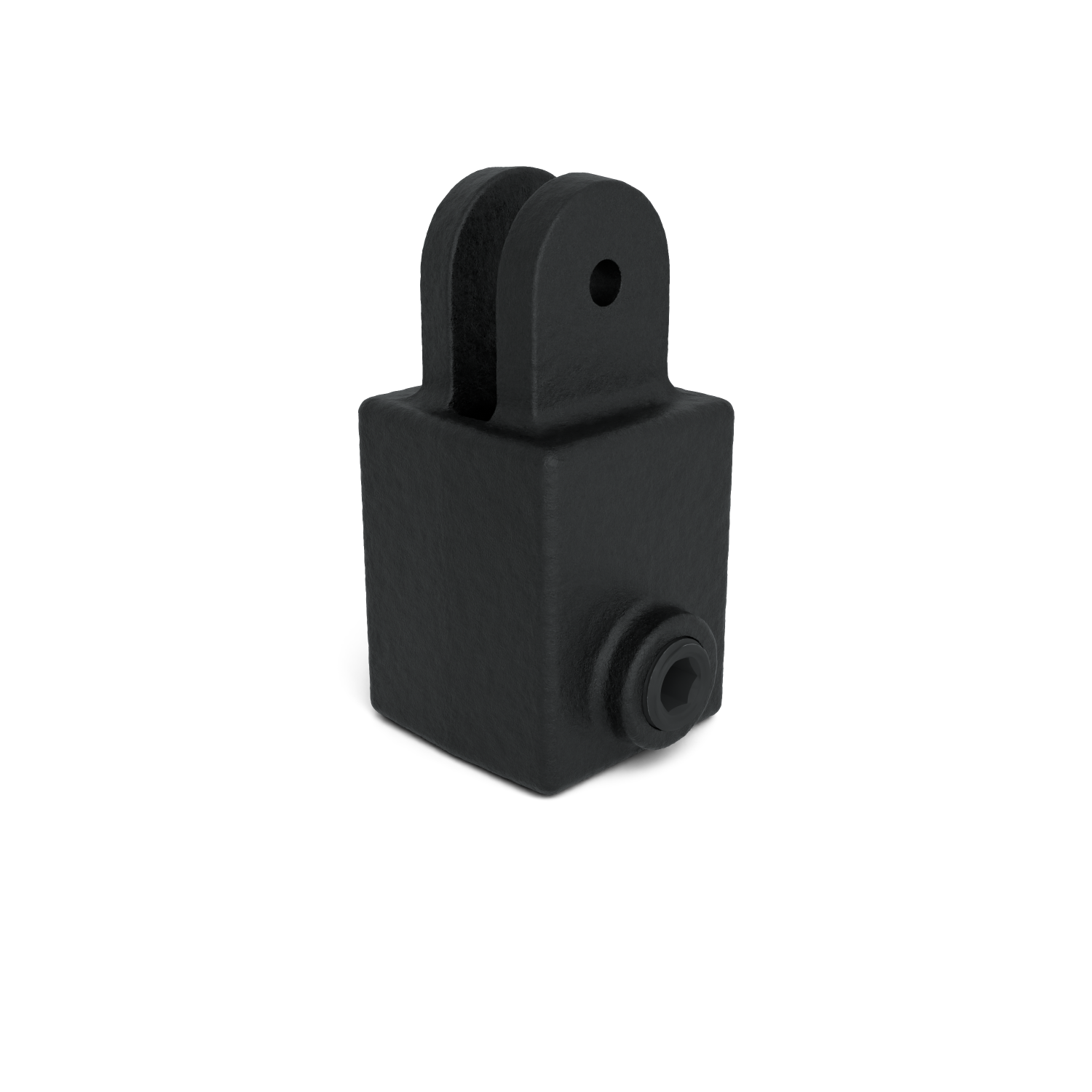 Soporte metálico negro y rugoso con una parte superior en forma de U y un orificio para un perno, que descansa sobre una base rectangular en cuyo lateral se aprecia un tornillo Allen, aislado sobre fondo blanco.