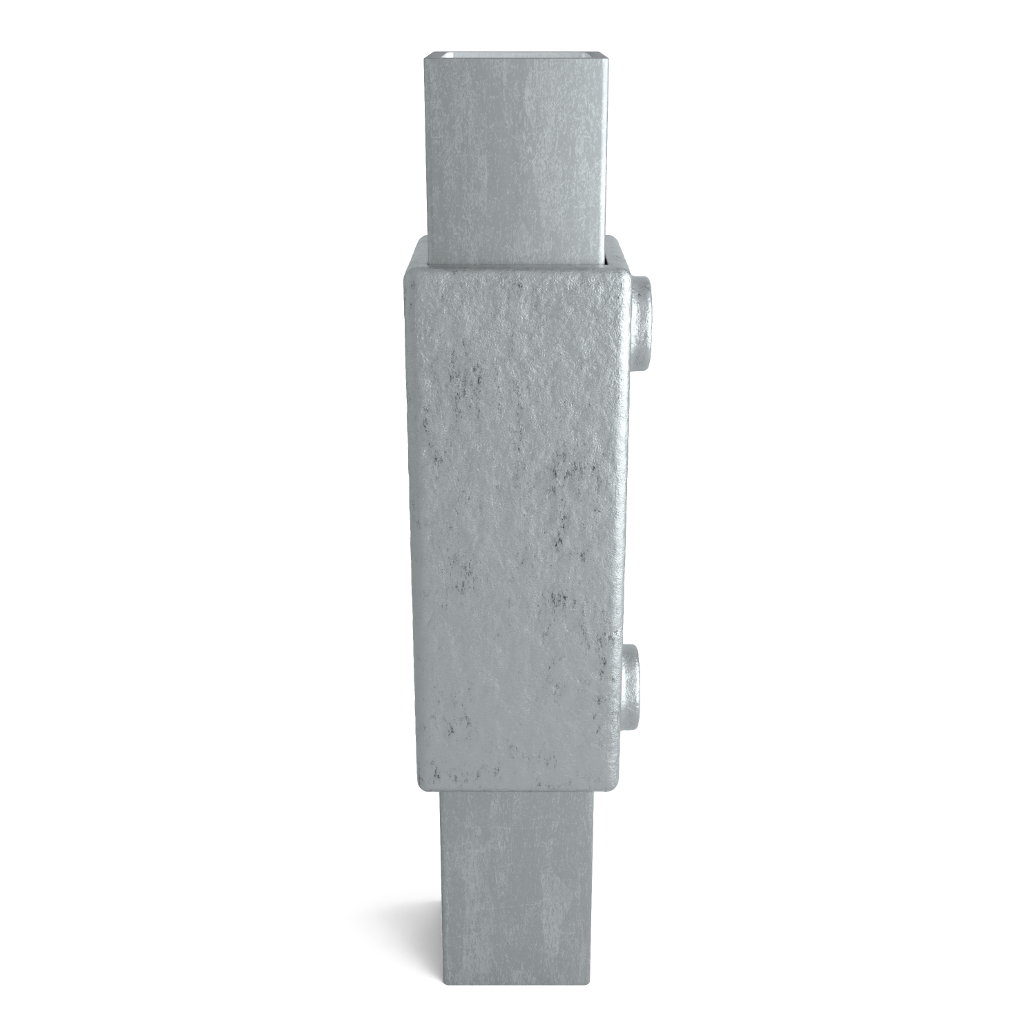 Elemento metálico rectangular gris con superficie rugosa. Bloque central con perfiles más estrechos que sobresalen arriba y abajo. A la derecha se ven dos puntos de fijación cilíndricos. En posición vertical sobre fondo blanco.