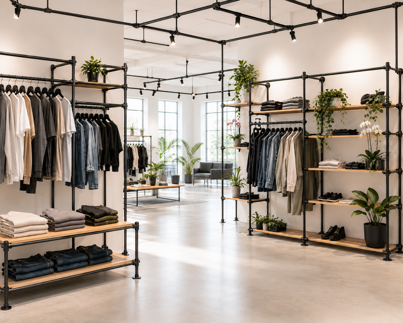 Tienda de ropa luminosa y moderna con estanterías negras de tubos y madera. Camisetas, jerséis y vaqueros colgados o doblados. Plantas como decoración, grandes ventanales al fondo y una zona de descanso con sofás oscuros.