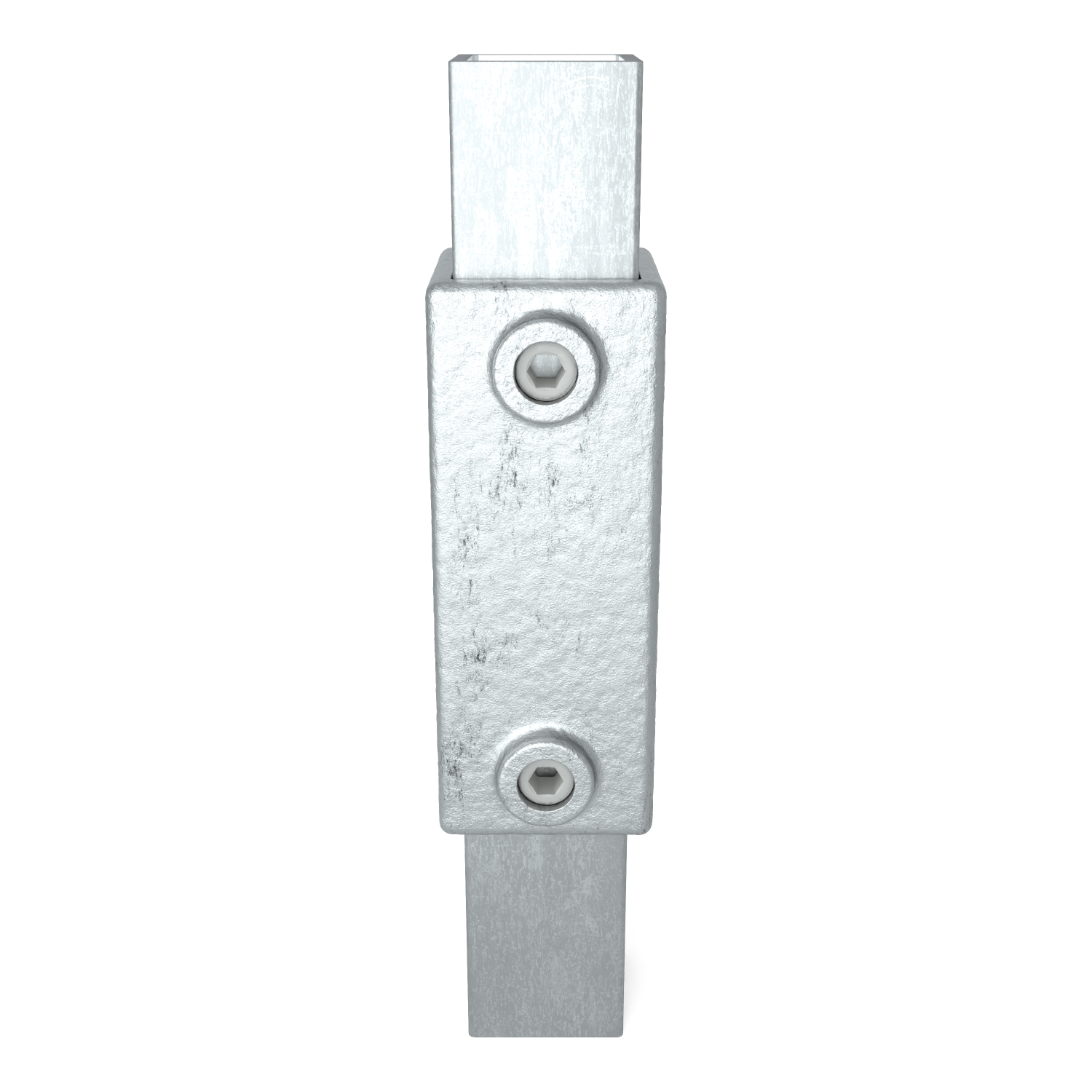 Conector metálico vertical sobre fondo blanco. Una pieza central robusta, plateada y rectangular une en la parte superior e inferior dos tubos metálicos delgados y cuadrados. Dos tornillos hexagonales garantizan una sujeción segura.