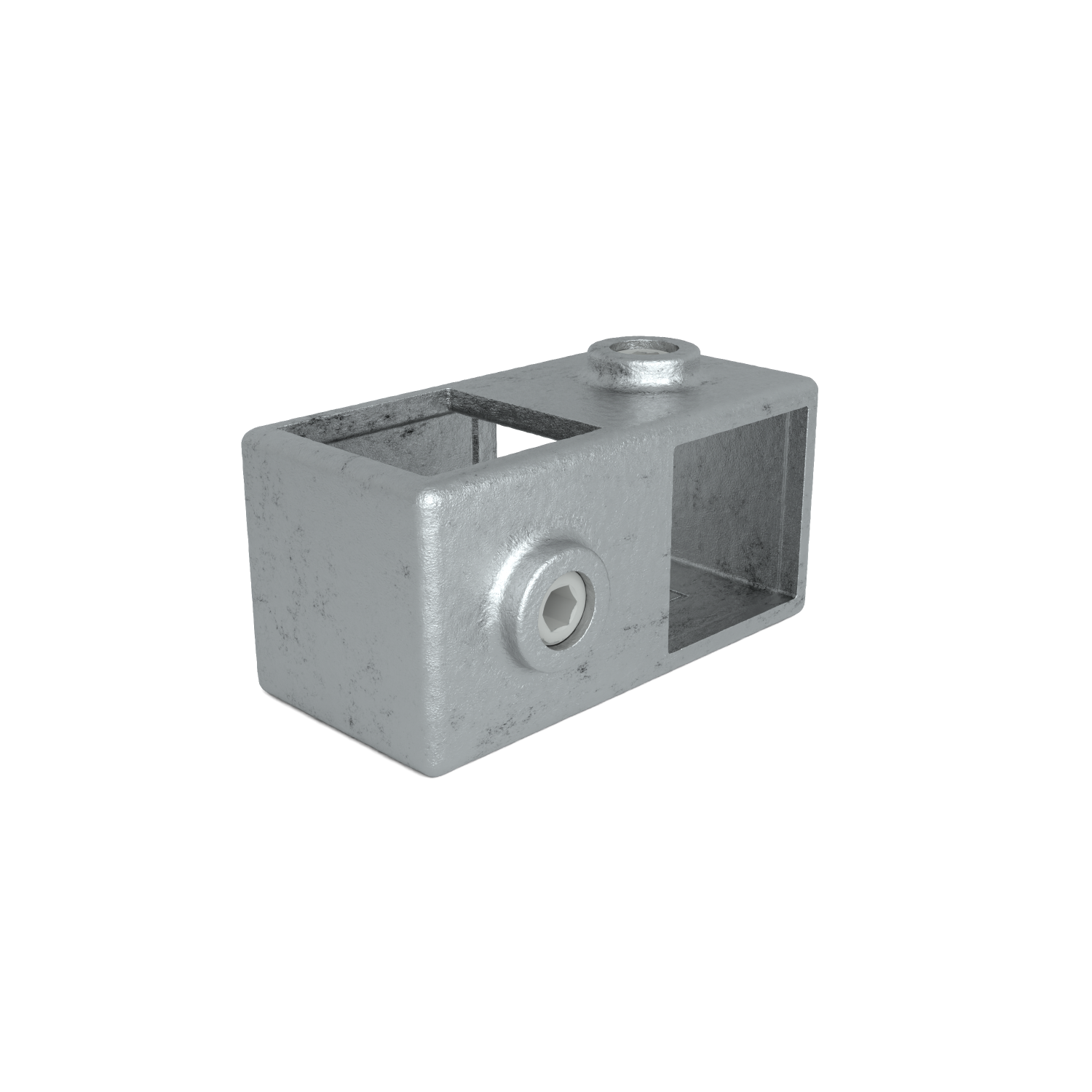 Elemento de unión metálico de forma rectangular con superficie rugosa de color gris, aberturas rectangulares y tornillo Allen lateral. En la parte superior, pieza de fijación cilíndrica para construcciones modulares.