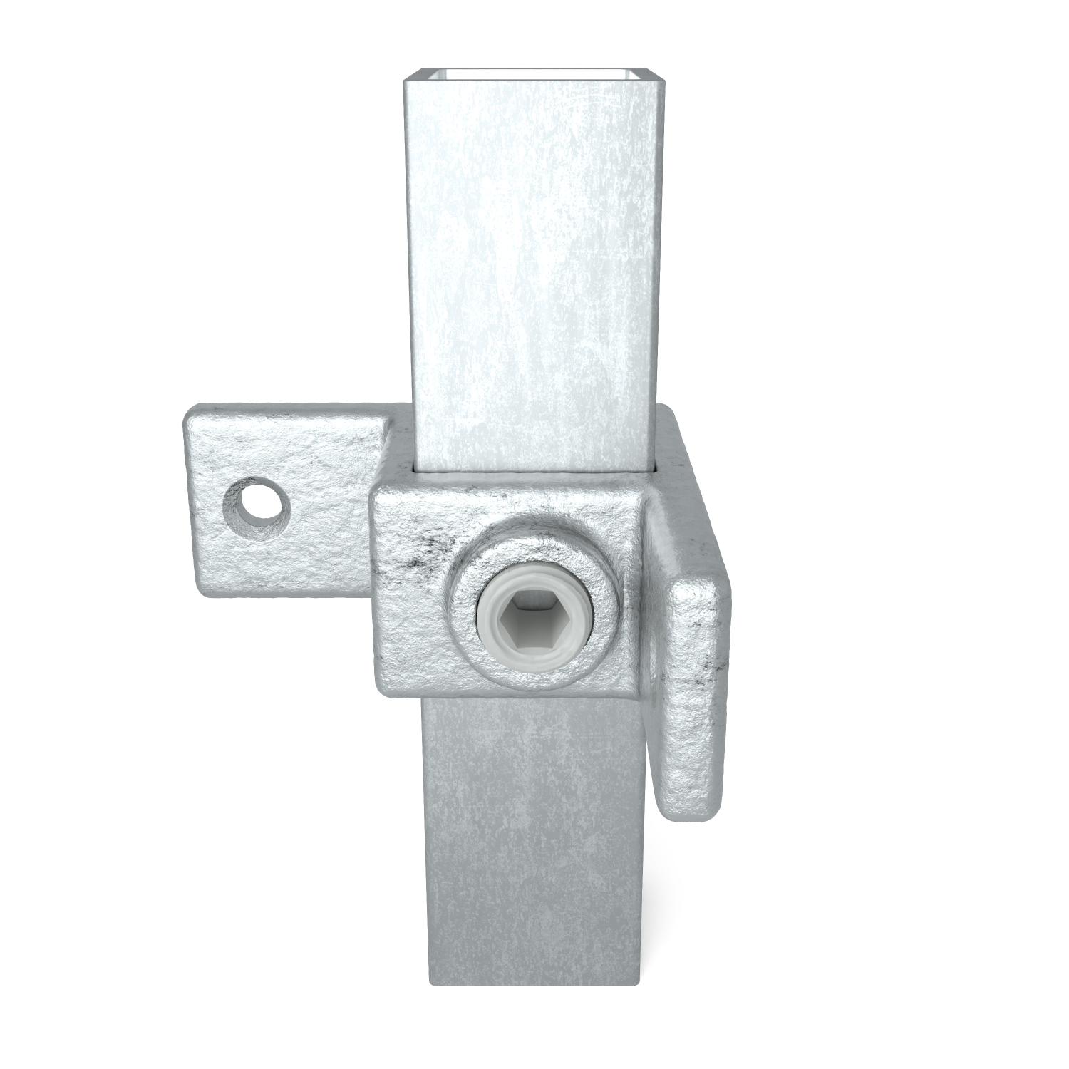 Conector metálico robusto plateado con superficie rugosa y granulada, similar al acero galvanizado. Consta de perfiles cuadrados vertical y horizontal, unidos por un bloque central. Tornillo hexagonal delante; orificio a la izquierda.