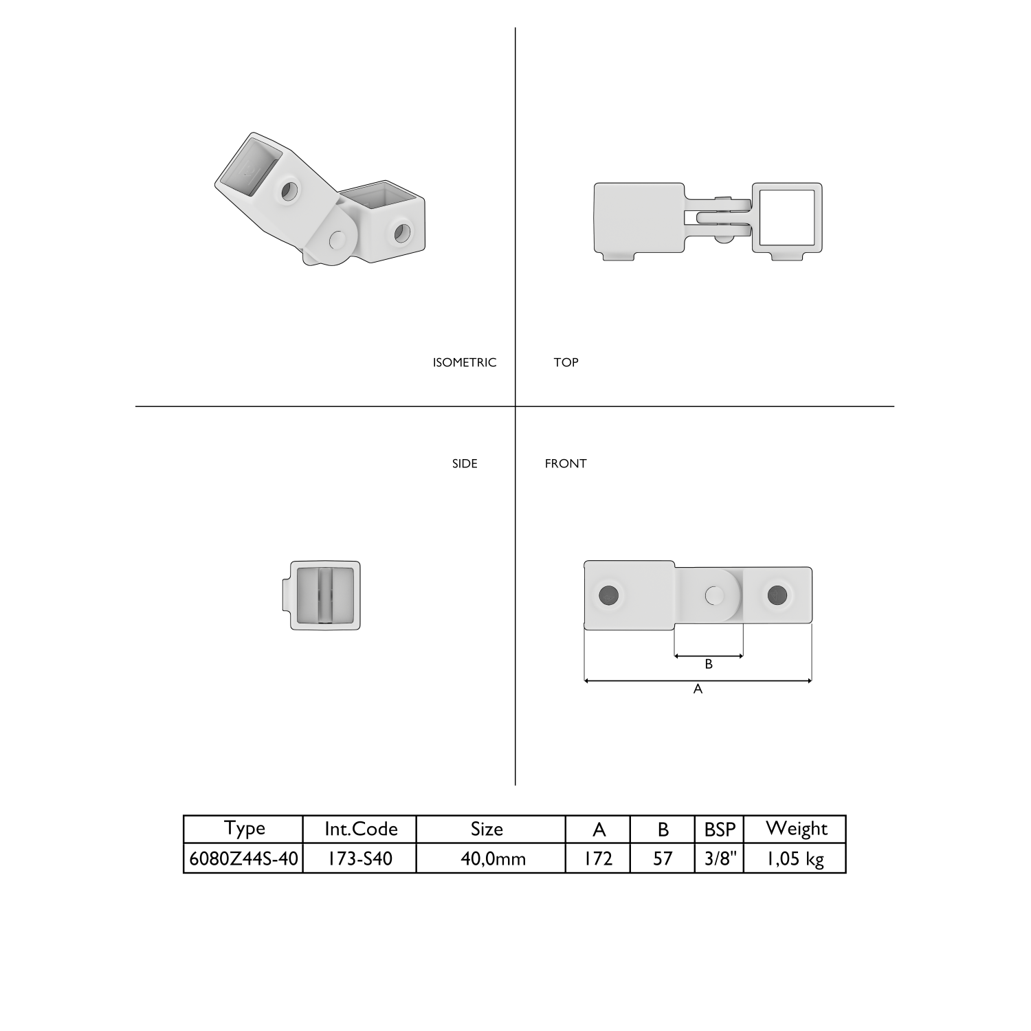 Dibujo técnico de un conector articulado de dos piezas, de color gris claro y forma rectangular (isométrico, vista superior, frontal y lateral). Giratorio, con orificios de fijación. Tabla: Tipo 6080Z44S-40, tamaño 40,0 mm, A 172, B 57, BSP 3/8", 1,05 kg.