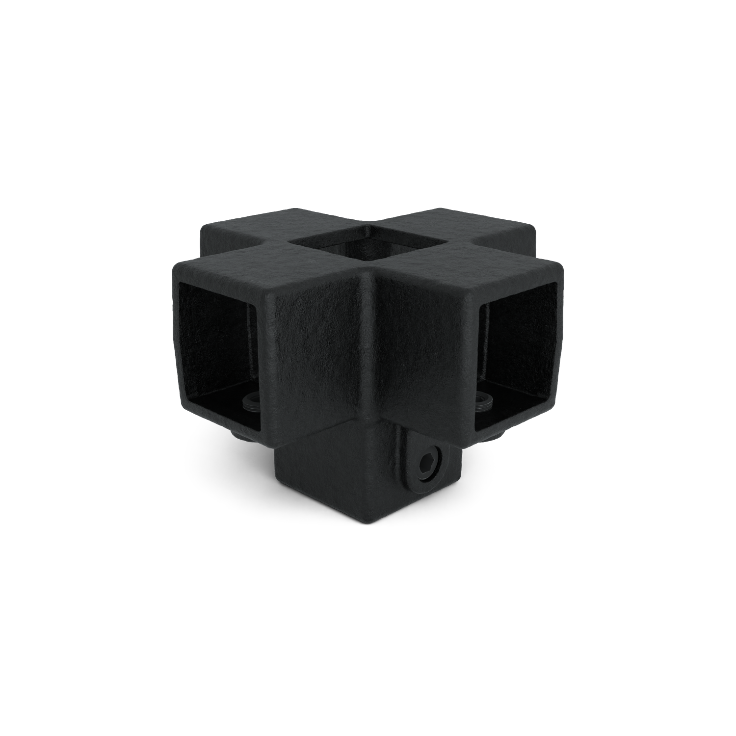 Conector de tubos negro en forma de cubo con superficie mate y ligeramente texturizada. Seis aberturas cuadradas en todas las direcciones para tubos/perfiles. Tornillos visibles en el interior para una unión estable y segura de marcos/muebles modulares.