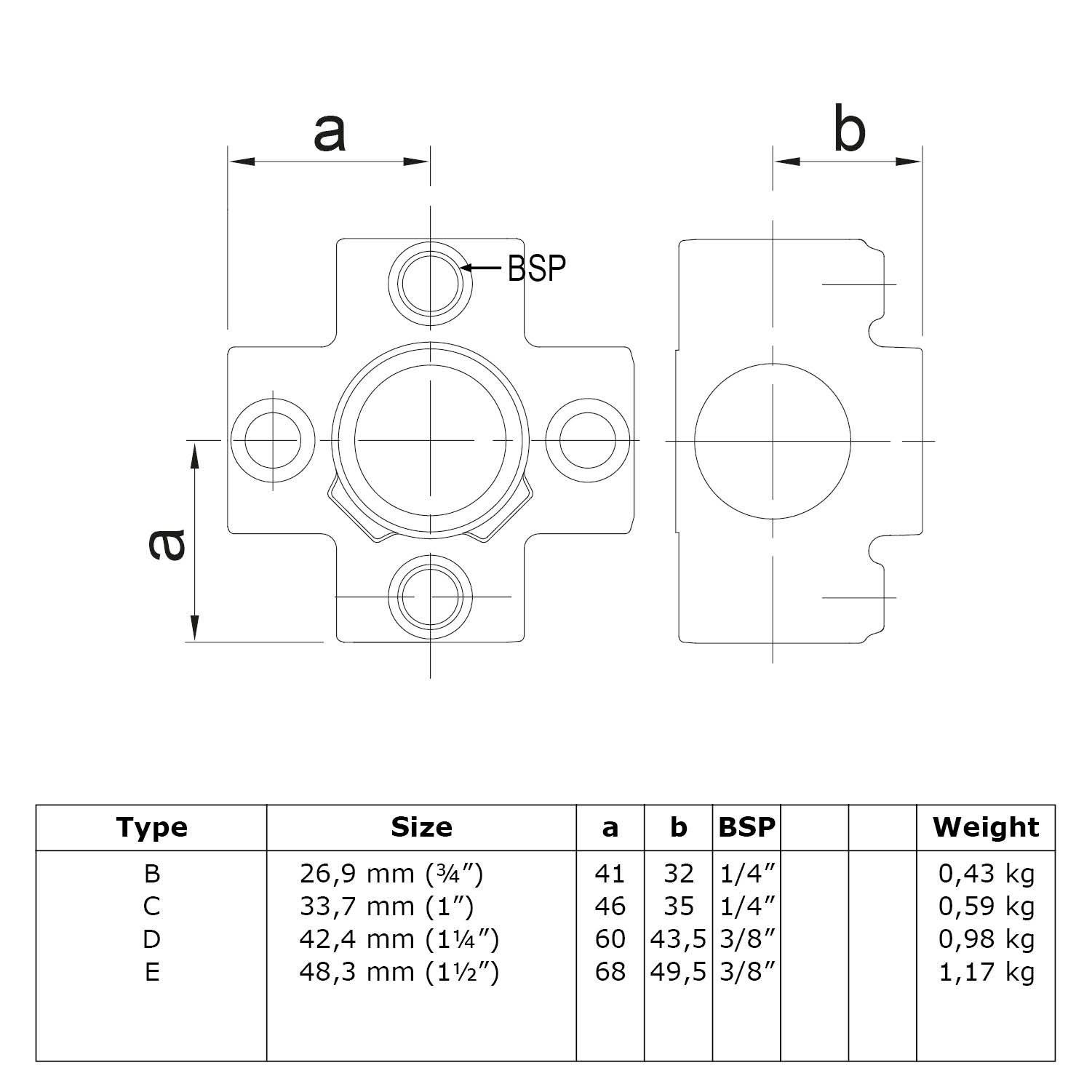 Pieza transversal para tubo de soporte. Conector de 4 direcciones, negro 26,9 mm (¾")