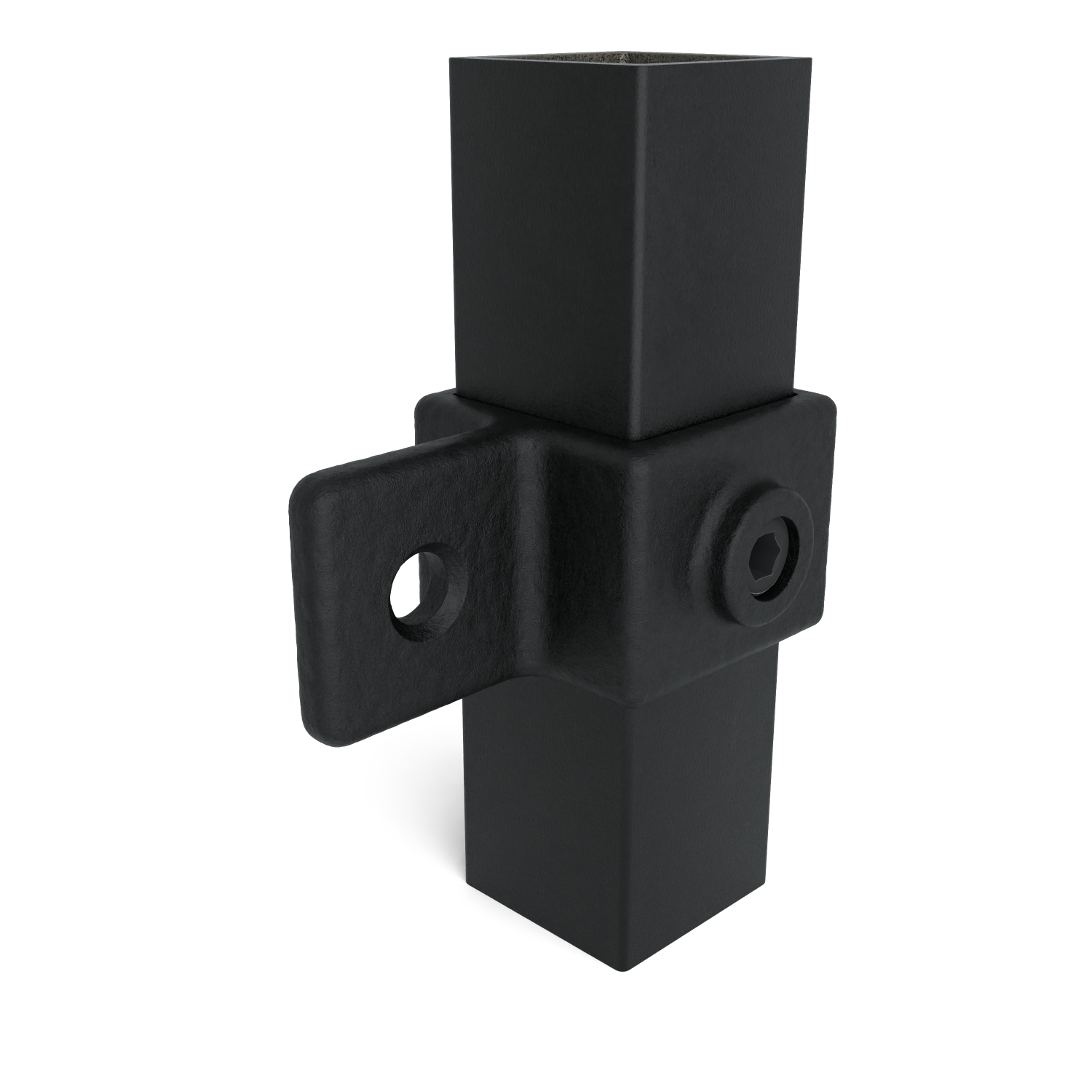 Conector de tubo cuadrado negro: un tubo cuadrado se inserta en un manguito a juego con un ojal lateral (orificio redondo) y un tornillo de cabeza hexagonal para su fijación. Superficie mate y ligeramente texturizada.
