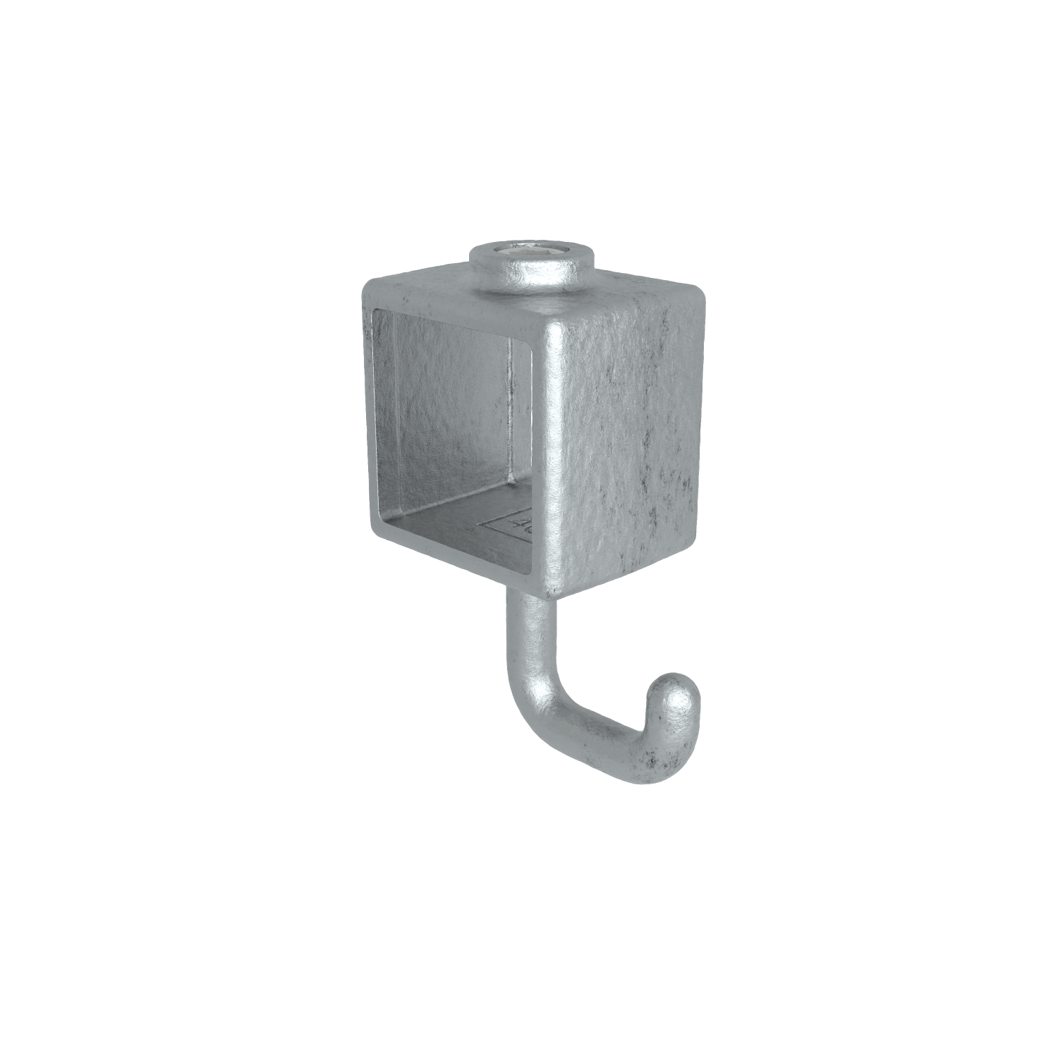 Una pieza única de metal gris con la parte superior en forma de cubo y un gancho curvado hacia abajo. La parte superior del cubo es hueca y tiene una abertura circular en el centro. El acabado rugoso y mate sugiere fijación.