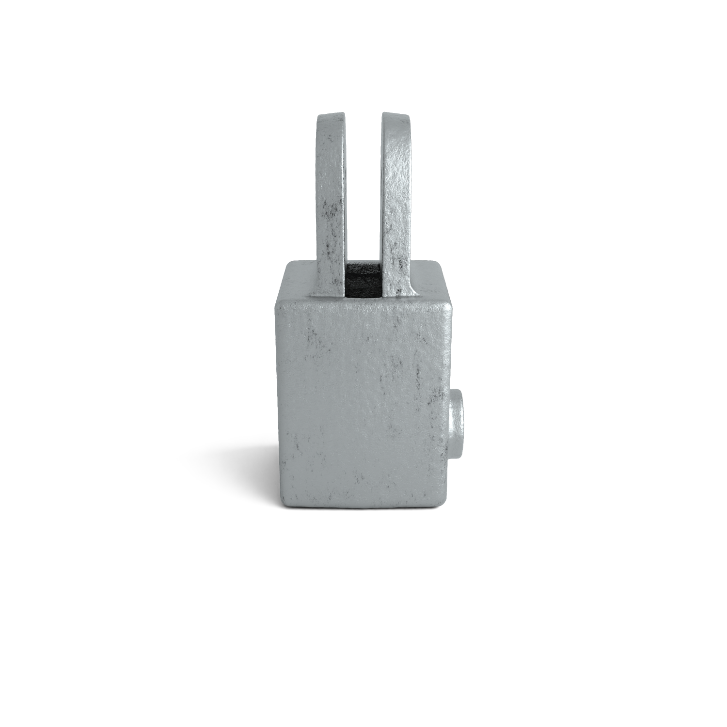 Componente metálico gris con una base cúbica y dos brazos paralelos y verticales en la parte superior. Superficie rugosa y ligeramente texturizada. A la derecha de la base, un pequeño saliente cilíndrico. Ligera sombra sobre fondo blanco.