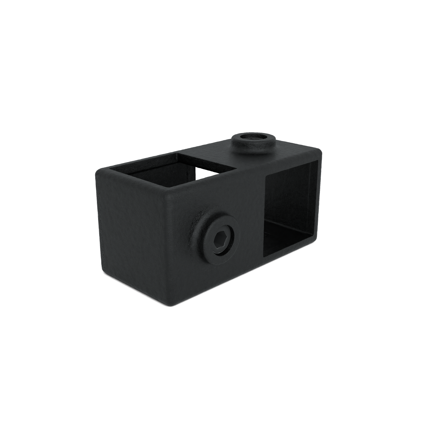 Bloque de unión rectangular negro, de material mate, probablemente metal o plástico. Tiene dos aberturas cuadradas pasantes y arriba una protuberancia cilíndrica con orificio redondo. Tornillo de cabeza hexagonal al frente.