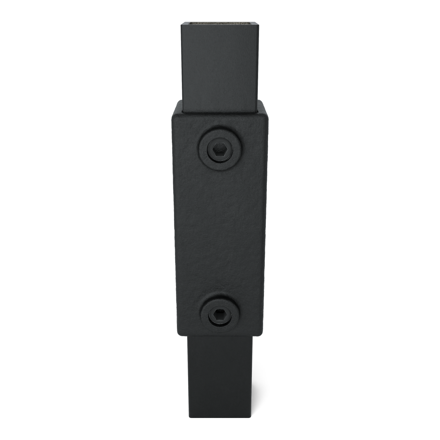 Elemento de unión rectangular negro, vertical. Superficie mate y ligeramente rugosa; al frente, dos tornillos Allen empotrados simétricos. Arriba y abajo sobresalen tubos cuadrados negros encajados. Fondo blanco.