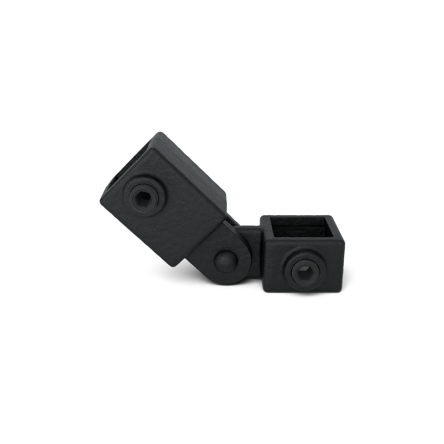 Articulación negra mate para tubos cuadrados, compuesta por dos elementos en ángulo recto unidos por un punto de giro central. Cada elemento cuenta con un tornillo de cabeza hexagonal para su fijación. Ligeramente inclinada sobre fondo blanco.