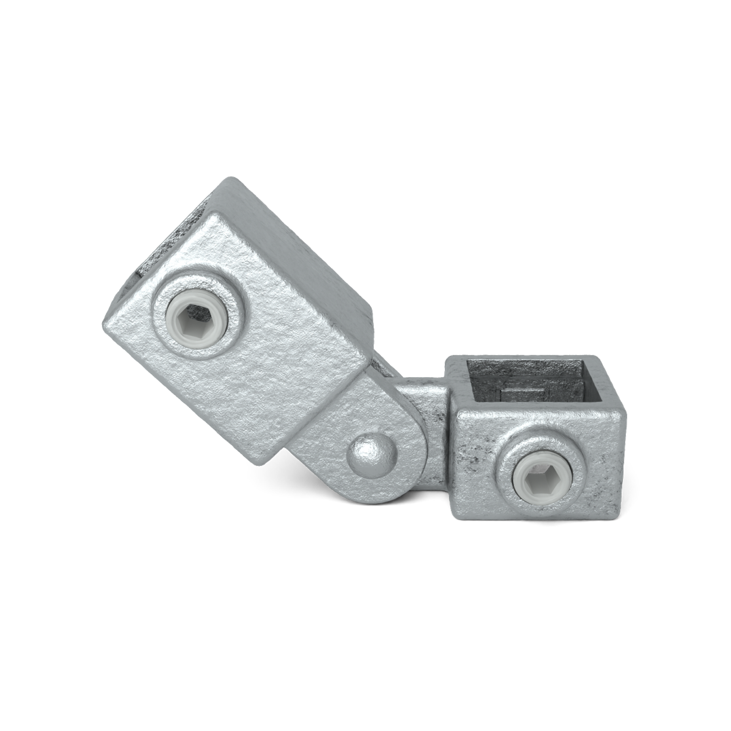 Conector metálico plateado con bisagra: dos abrazaderas cuadradas, cada una con un tornillo hexagonal. Izquierda inclinada, derecha horizontal, canal cuadrado abierto. Superficie rugosa.