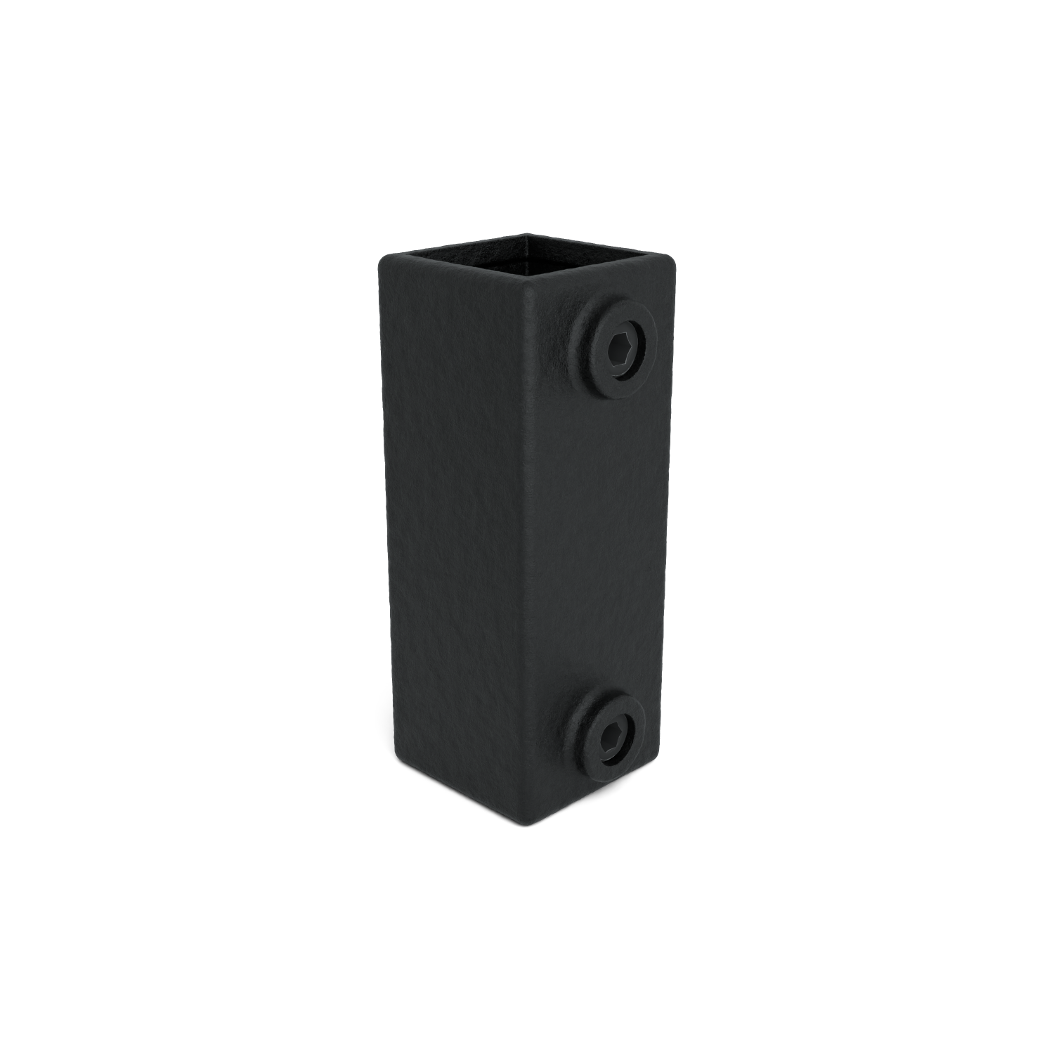 Perfil hueco vertical, de color negro mate y forma rectangular, con superficie ligeramente rugosa. En un lado, dos hendiduras redondas, cada una con una abertura hexagonal, como tornillos de cabeza avellanada. Sobre fondo blanco.