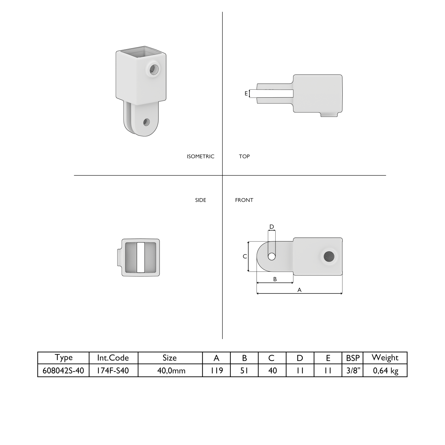 Dibujo técnico de un conector de tubos cuadrado con cotas. Varias vistas muestran el componente con alojamiento rectangular y bifurcación. Una tabla recoge las especificaciones del modelo 608042S-40, de 40 mm de tamaño y 0,64 kg de peso.