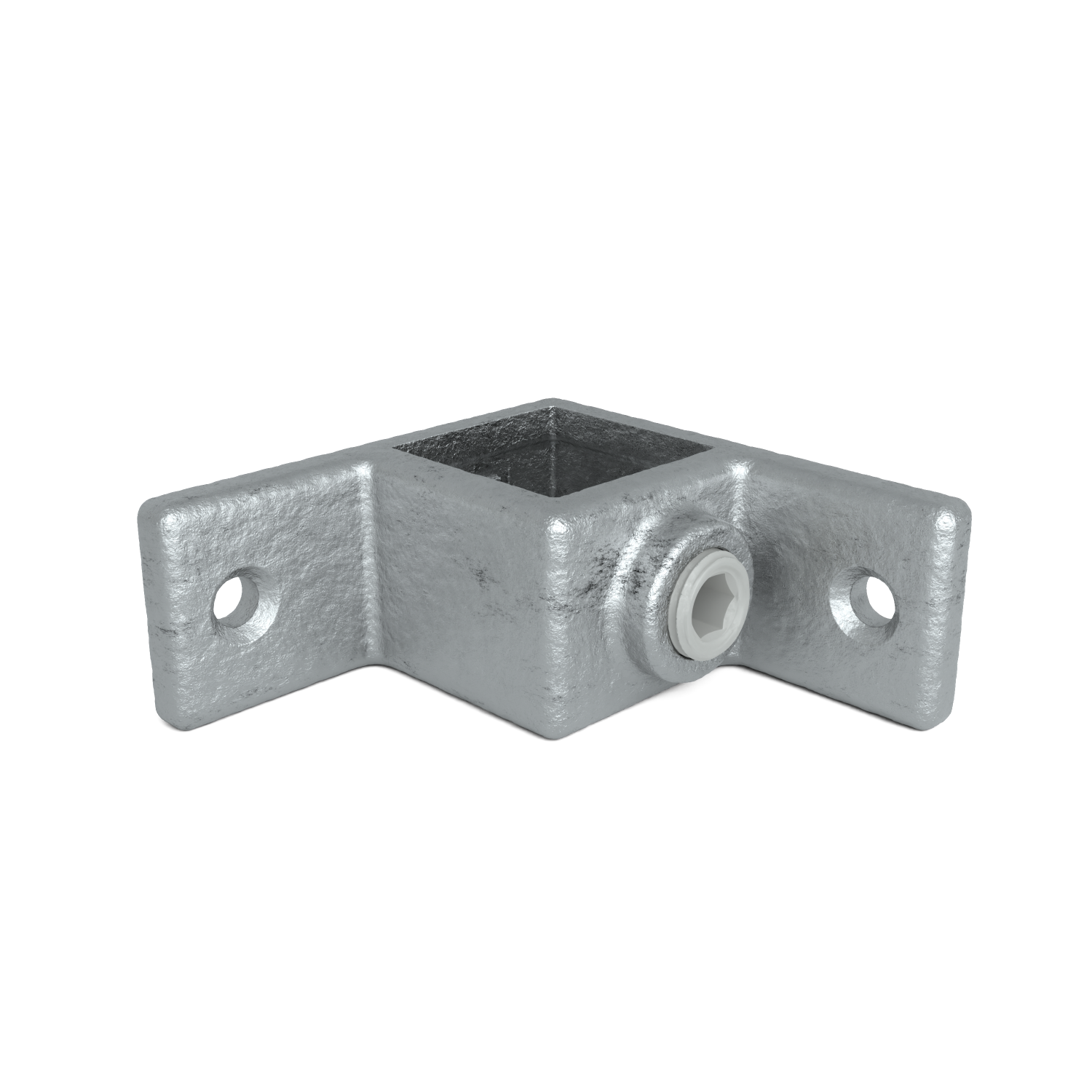 Pieza angular en L de metal galvanizado gris rugoso. Hueco cuadrado central y dos brazos planos en ángulo recto. Cada brazo tiene un orificio redondo. En el lateral, tornillo hexagonal blanco de fijación.