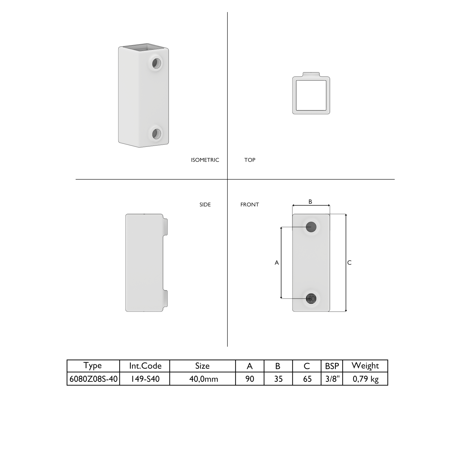 Diagrama técnico de componente rectangular gris claro con vistas isometría, superior, lateral y frontal. Vista frontal: 2 aberturas redondas, A=90, B=35, C=65. Tabla: Tipo 6080Z08S-40, 40,0 mm, BSP 3/8", 0,79 kg.