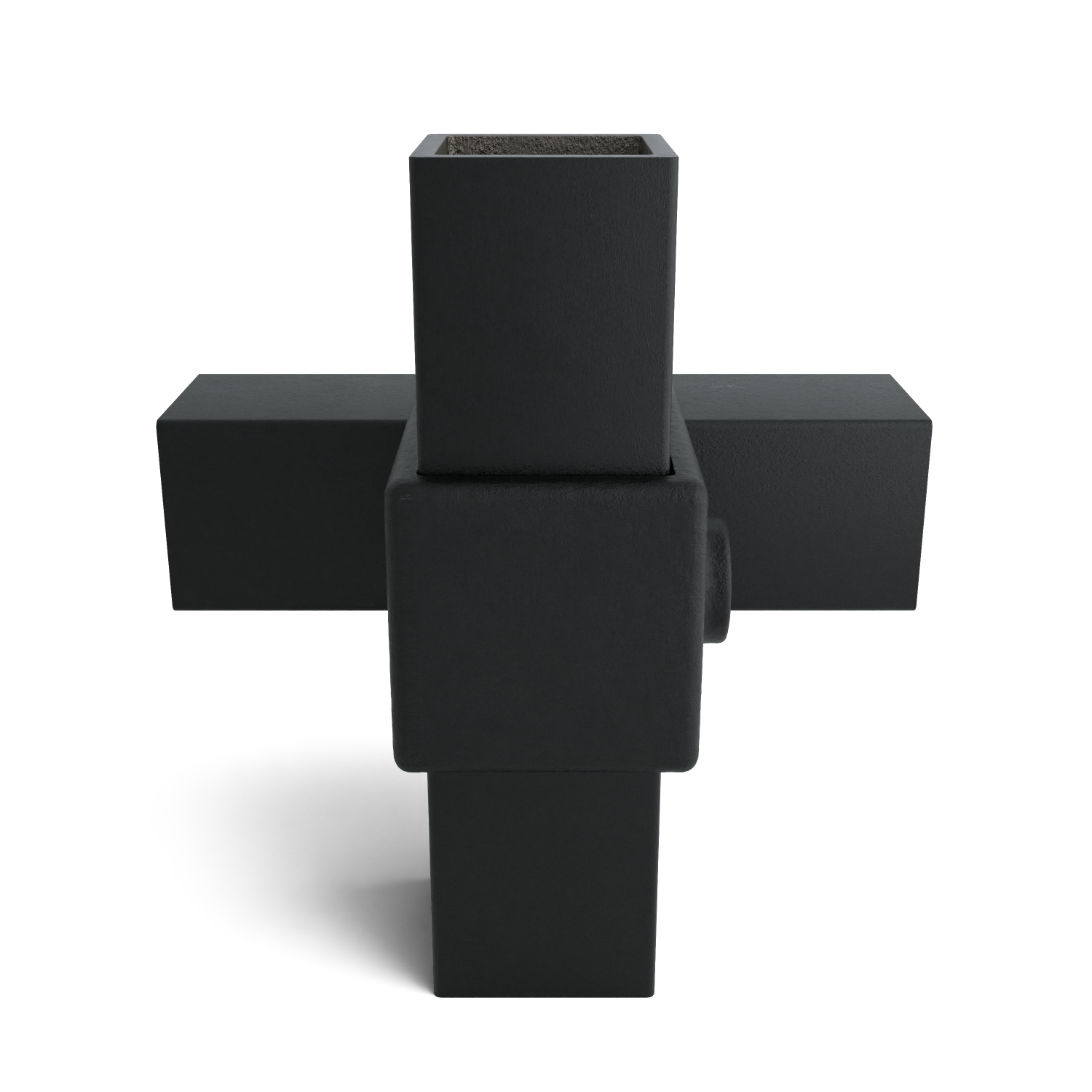 Maceta modular de color negro mate compuesta por elementos rectangulares en forma de cruz. En la parte superior de la sección vertical, tierra oscura. Superficie ligeramente texturizada, similar al hormigón. Sobre fondo blanco con una suave sombra.