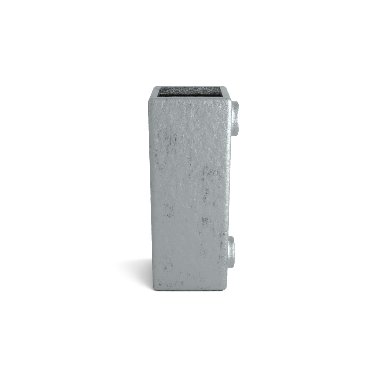 Carcasa metálica rectangular gris sobre fondo blanco. Superficie rugosa y ligeramente texturizada con un material más oscuro y granulado en el recorte cuadrado superior. A la derecha, dos fijaciones cilíndricas, una arriba y otra abajo.