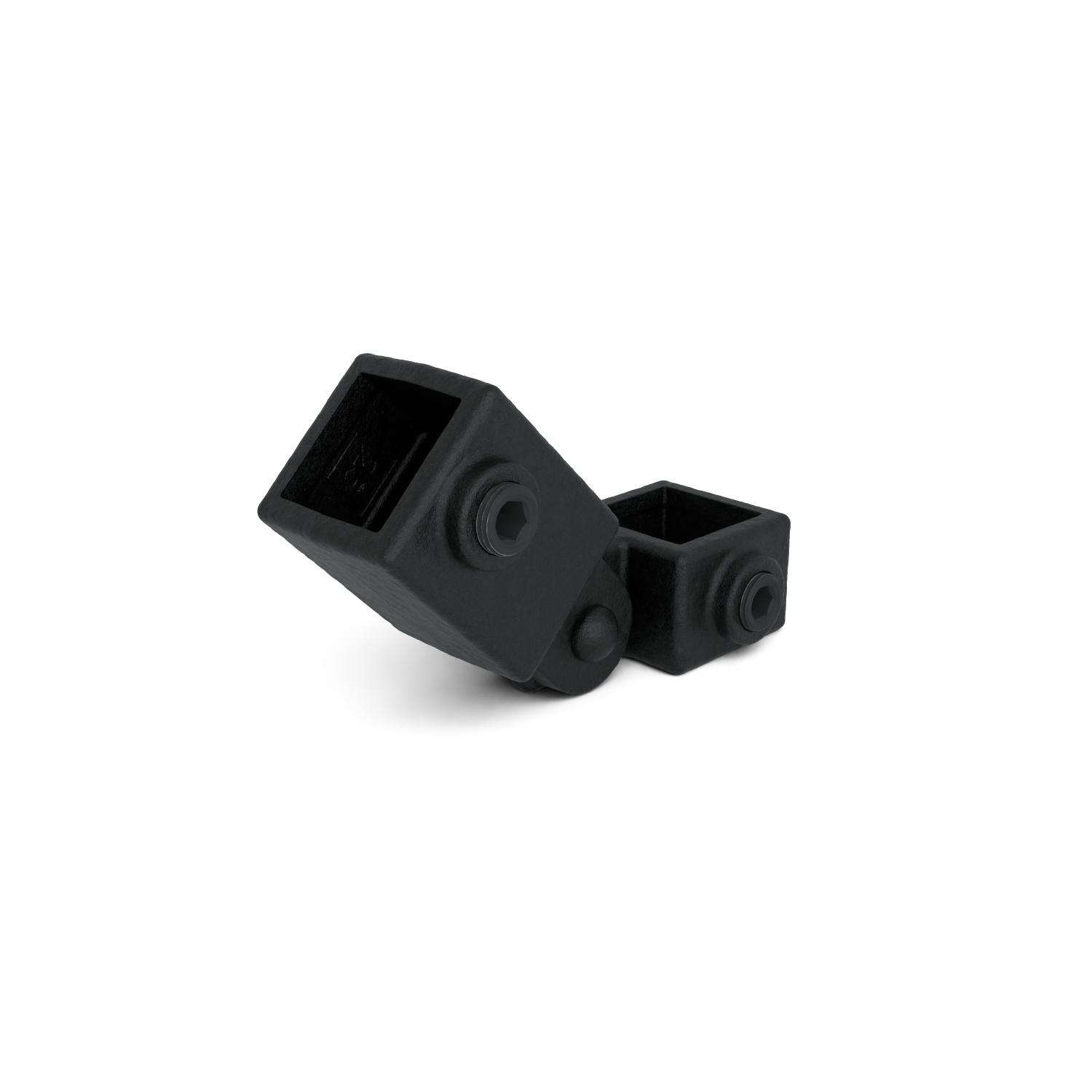 Conector plegable negro compuesto por dos secciones cuadradas, unidas mediante una articulación con tornillo hexagonal. Colocado en diagonal sobre una superficie blanca, sirve para unir de forma flexible perfiles o barras.