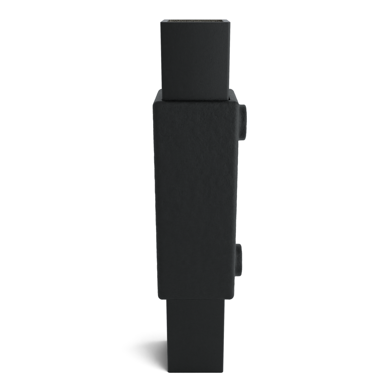 Objeto rectangular gris oscuro, vertical, superficie mate y ligeramente texturizada. Cubo central con prolongaciones rectangulares más estrechas arriba y abajo. A la derecha, dos pequeñas protuberancias cilíndricas.