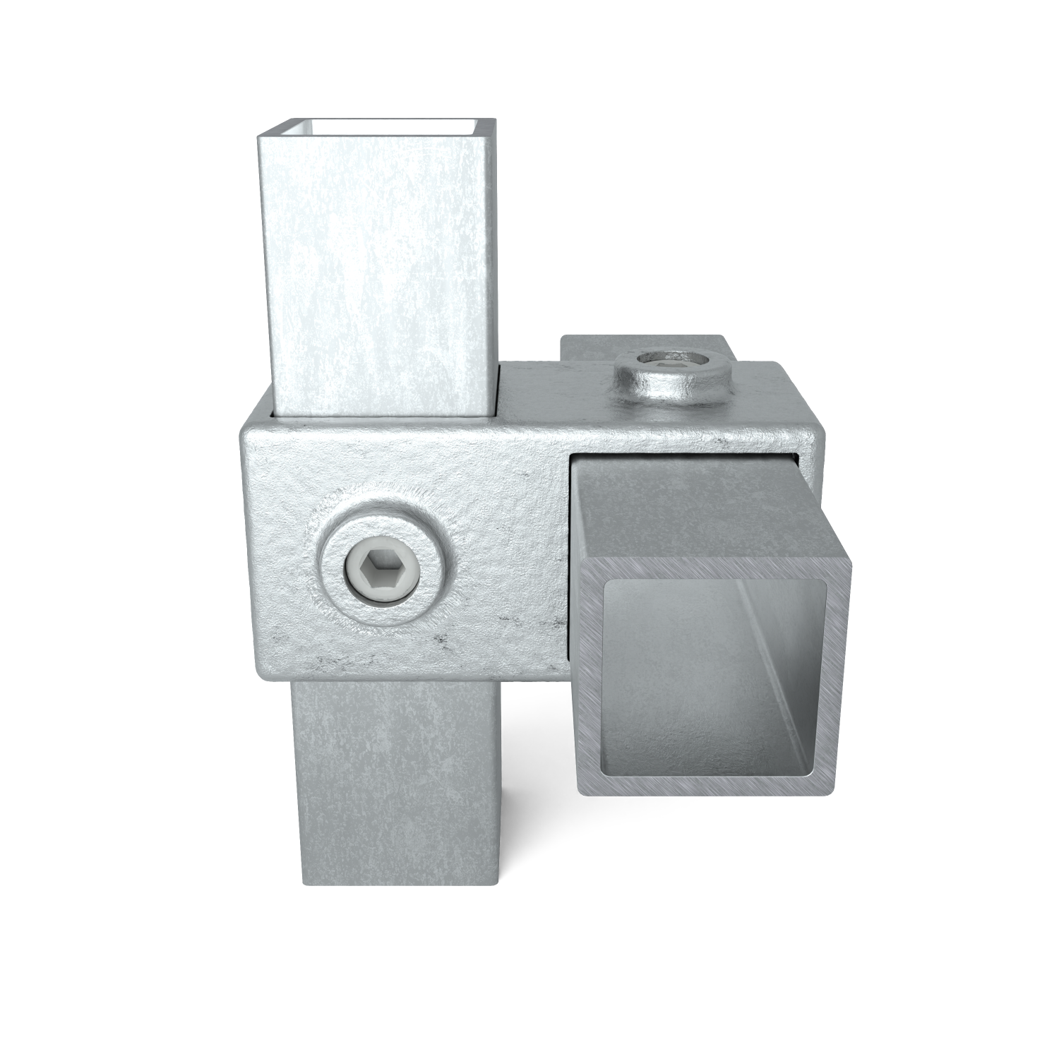 Conector metálico en esquina con tres tubos cuadrados en forma de T: dos horizontales y uno vertical hacia arriba. Unión fijada con tornillos de cabeza hexagonal. Superficie gris mate, ligeramente texturizada, con aspecto galvanizado.