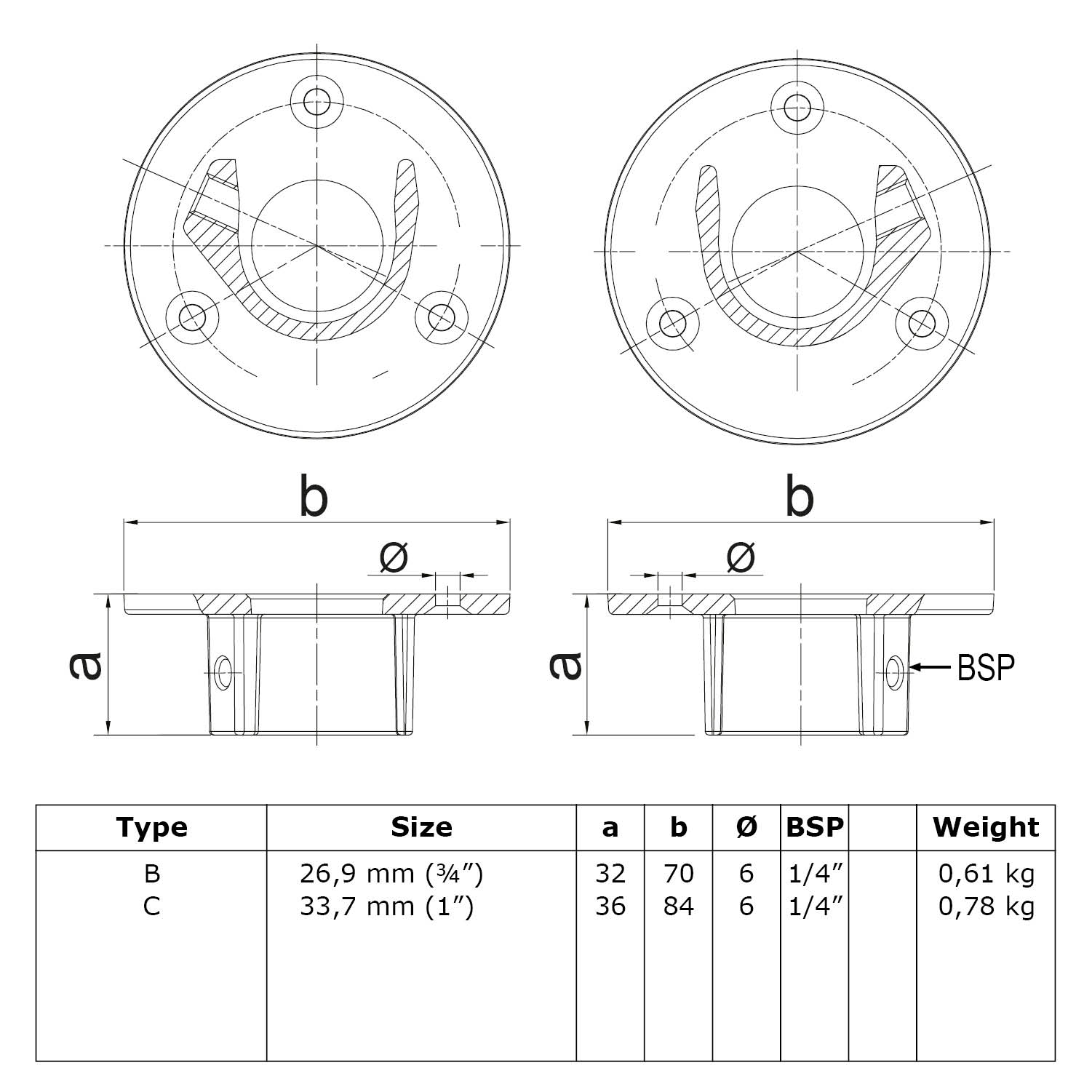Planos técnicos de dos abrazaderas para tubos (tipo B/C) con vista en planta y sección transversal, medidas a, b, Ø y conexión BSP. Tabla con especificaciones, tamaños (26,9/33,7 mm) y pesos (0,61/0,78 kg).