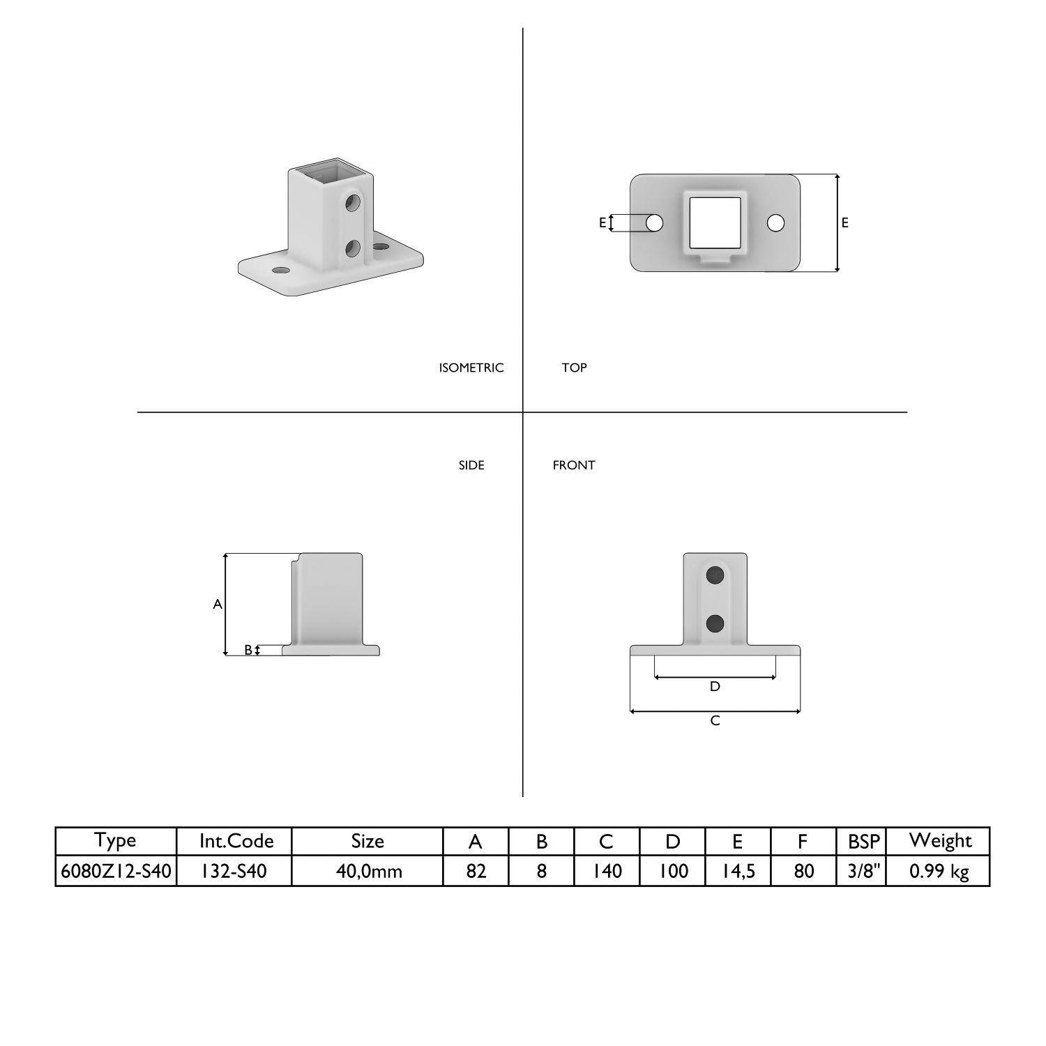 Planos técnicos de una placa de base rectangular para tubos cuadrados. Cuatro vistas detalladas del componente de 40 mm: isométrica, vista superior, vista lateral y vista frontal, además de una tabla con las dimensiones exactas.
