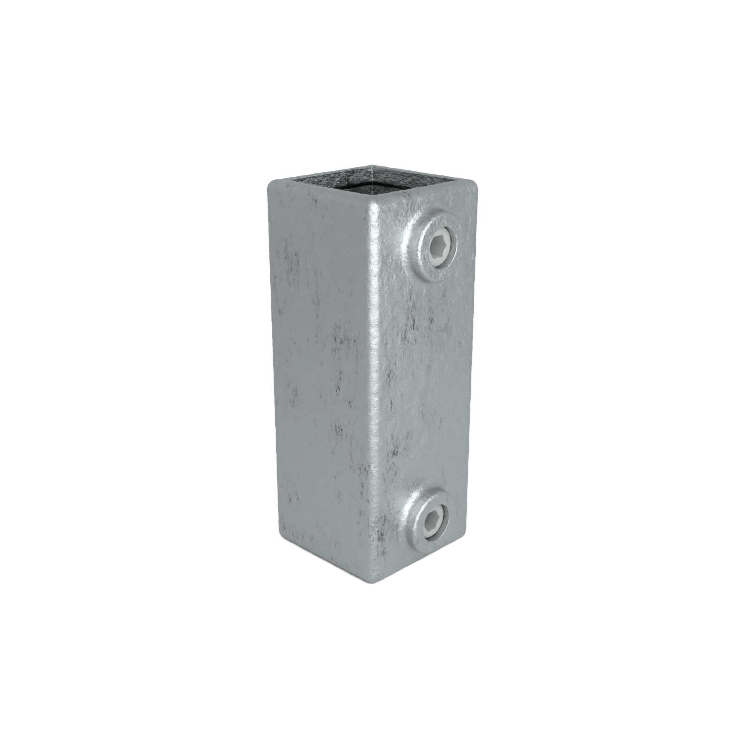 Un único elemento de unión rectangular de metal mate plateado con superficie ligeramente texturizada. A cada lado, arriba y abajo, hay un tornillo Allen visible. La parte superior del perfil hueco está abierta, mostrando el interior oscuro.