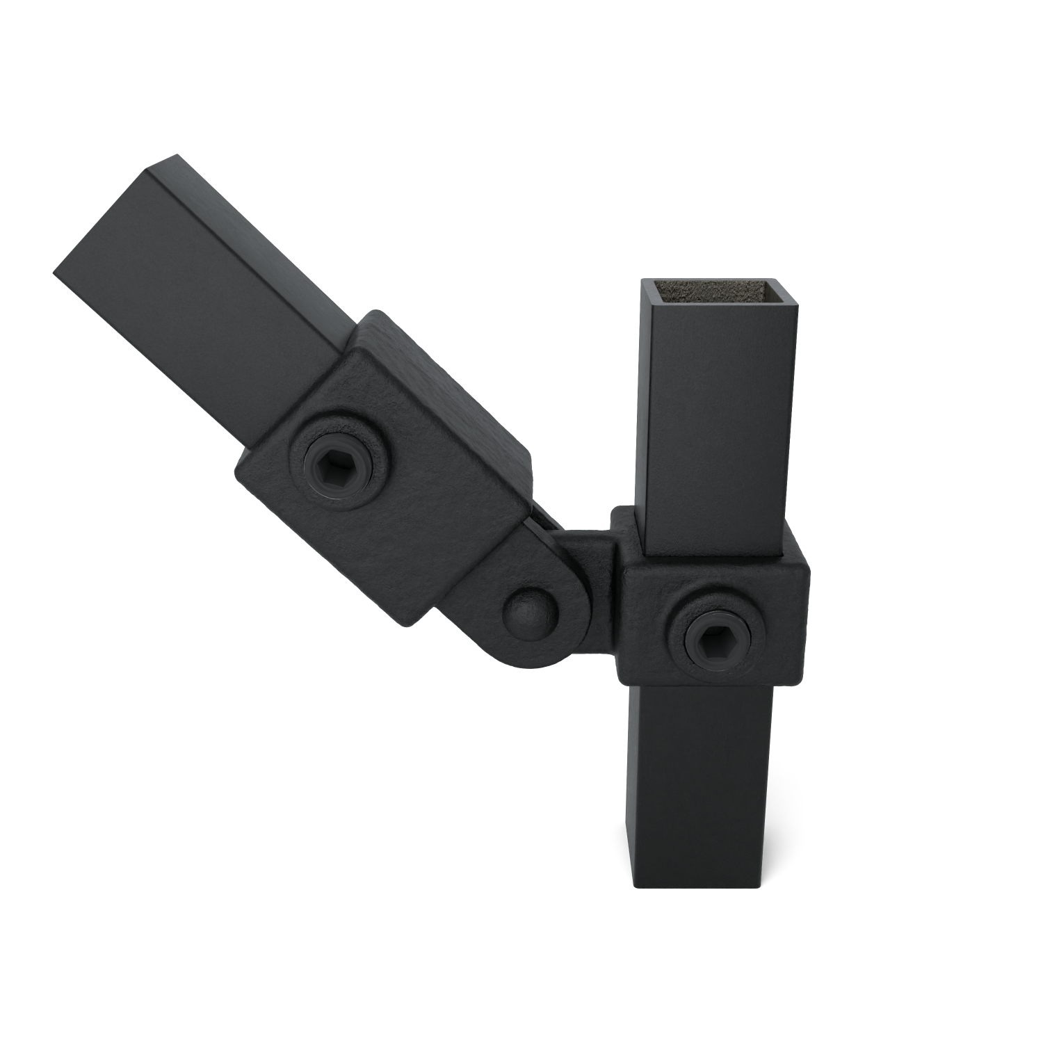 Pieza articulada negra para la fijación en ángulo variable de dos tubos. Un tubo es vertical y el otro está en diagonal. Articulación giratoria mate con tornillos de cabeza hexagonal negros para una sujeción segura.