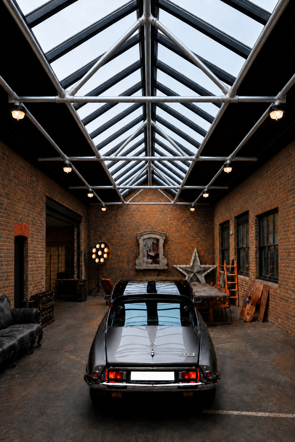 Un Citroën DS 19 gris se ve desde atrás en una amplia estancia con paredes de ladrillo rojo y suelo oscuro. Un techo acristalado con vigas metálicas ilumina la escena. Estilo industrial: sofá de cuero, mesa de madera.