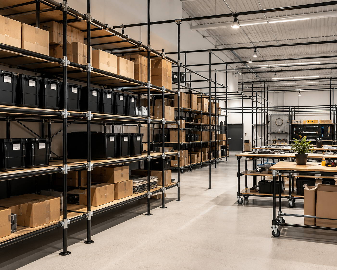 Un almacén amplio y luminoso con estanterías largas de tubos negros y tablones de madera clara, llenas de cajas de cartón marrones y contenedores negros. A la derecha, mesas móviles de madera con herramientas y una planta verde.