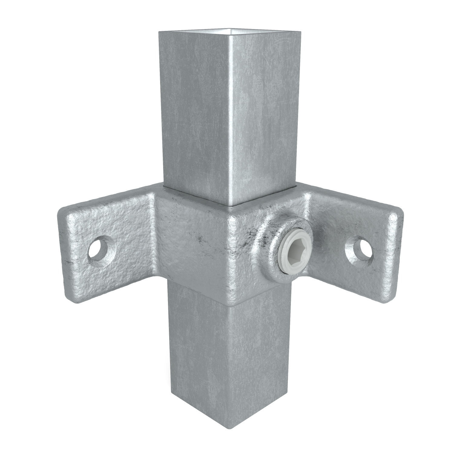 Conector en cruz plateado y resistente para tubos cuadrados con columna vertical; dos brazos planos laterales con orificios de fijación. En uno de los brazos se aprecia un cierre hexagonal. Superficie ligeramente rugosa, galvanizada.