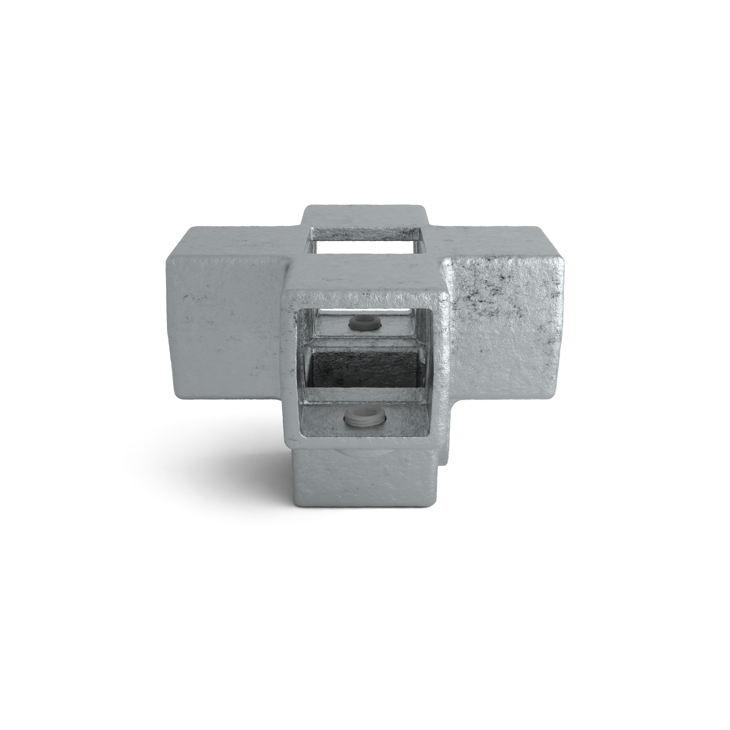 Conector metálico robusto gris en forma de cruz sobre una superficie blanca. Con cuatro aberturas cuadradas y una superficie ligeramente rugosa y resistente a la corrosión. En dos aberturas opuestas se ven puntos de fijación para unir tubos.