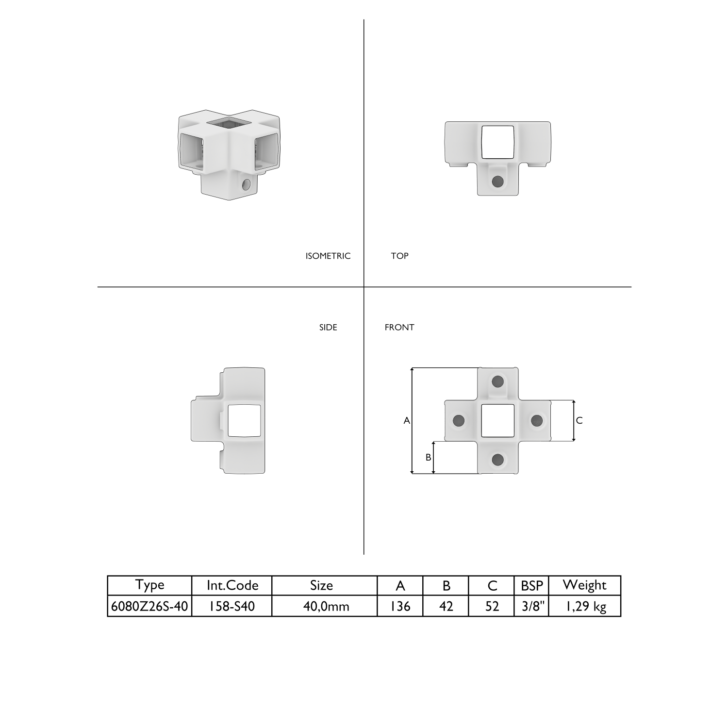 Dibujo técnico de un conector de tubos blanco, de forma cúbica, con varias aberturas cuadradas. Vista isométrica, así como vistas desde arriba, lateral y frontal. Vista frontal con cotas A, B, C. Tabla con tipo, tamaño y peso.