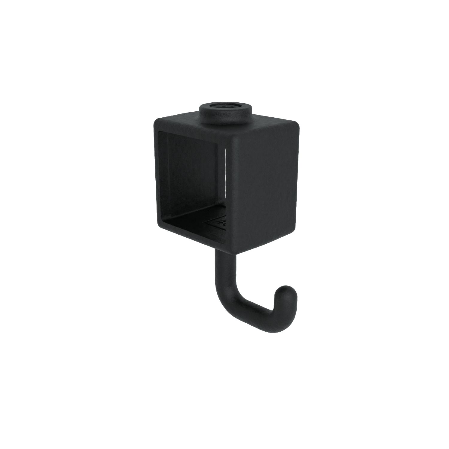 Gancho de suspensión negro, forma de cubo con abertura cilíndrica arriba. Gancho macizo curvado hacia delante y abajo desde la base. Hueco interior rectangular, indica montaje. Superficie mate, fondo blanco.