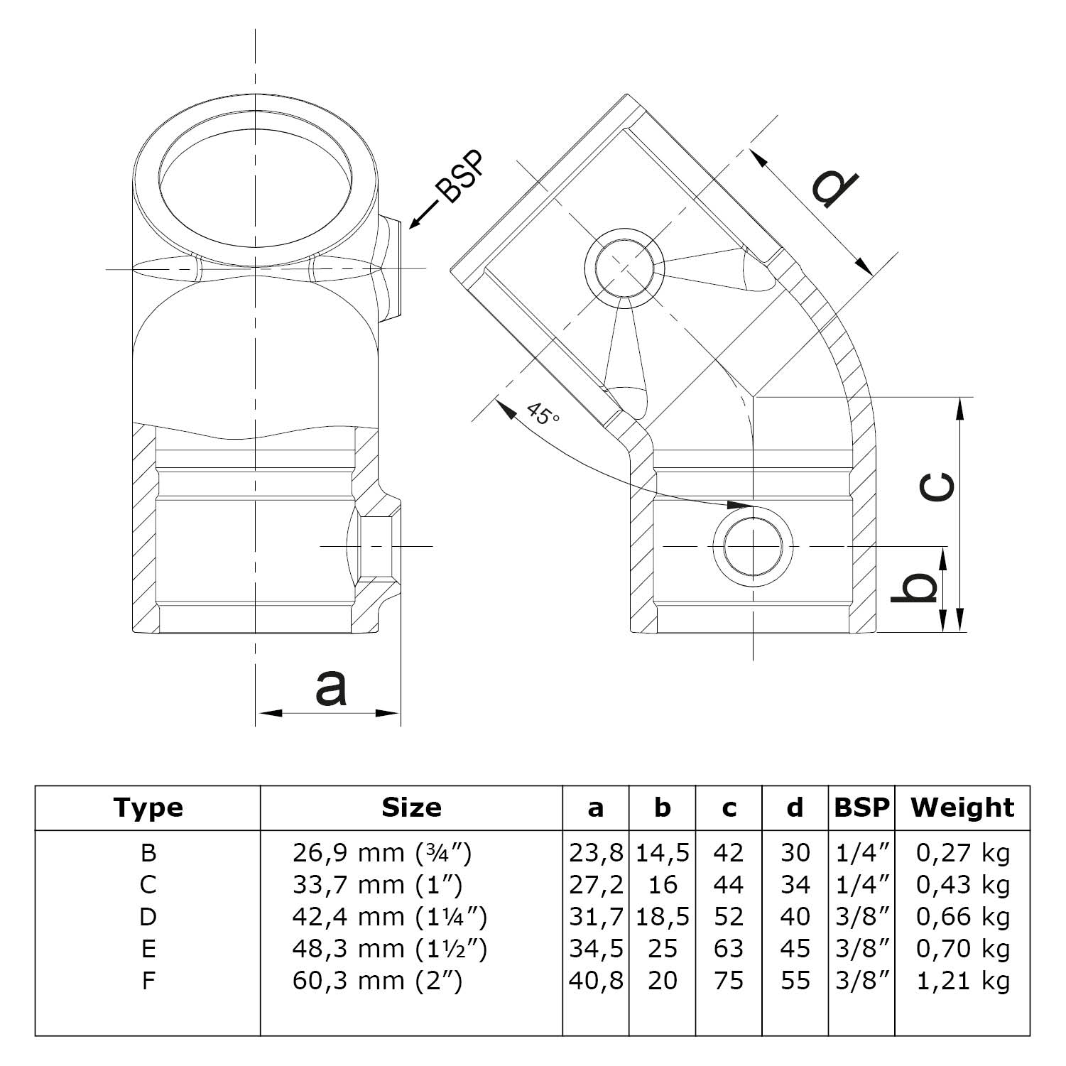 Pieza en T, corta 45° 26,9 mm (¾")
