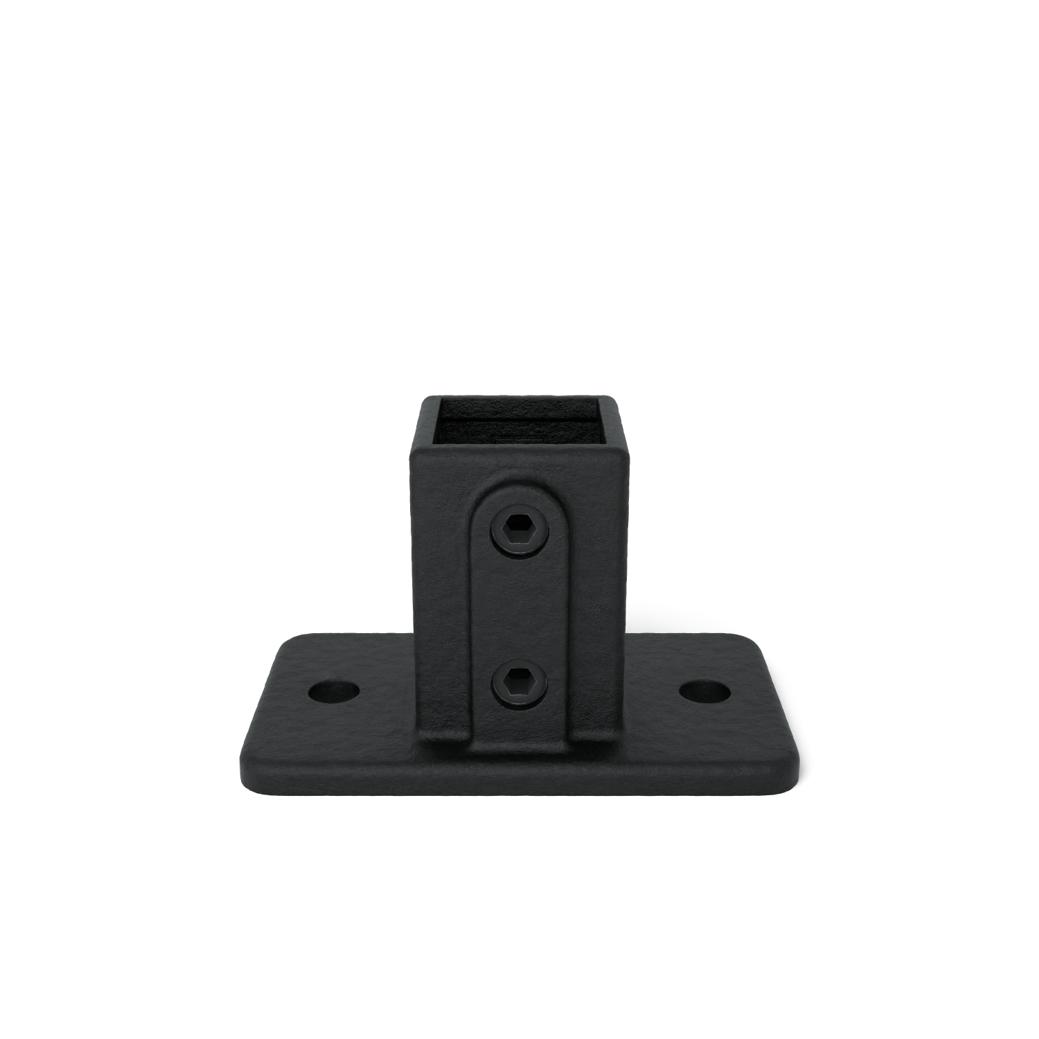 Placa base metálica negra y rugosa con perfil cuadrado hueco vertical. Dos tornillos hexagonales visibles en los laterales. Base rectangular plana con dos orificios de fijación a izquierda y derecha. Para fijar postes o barandillas.