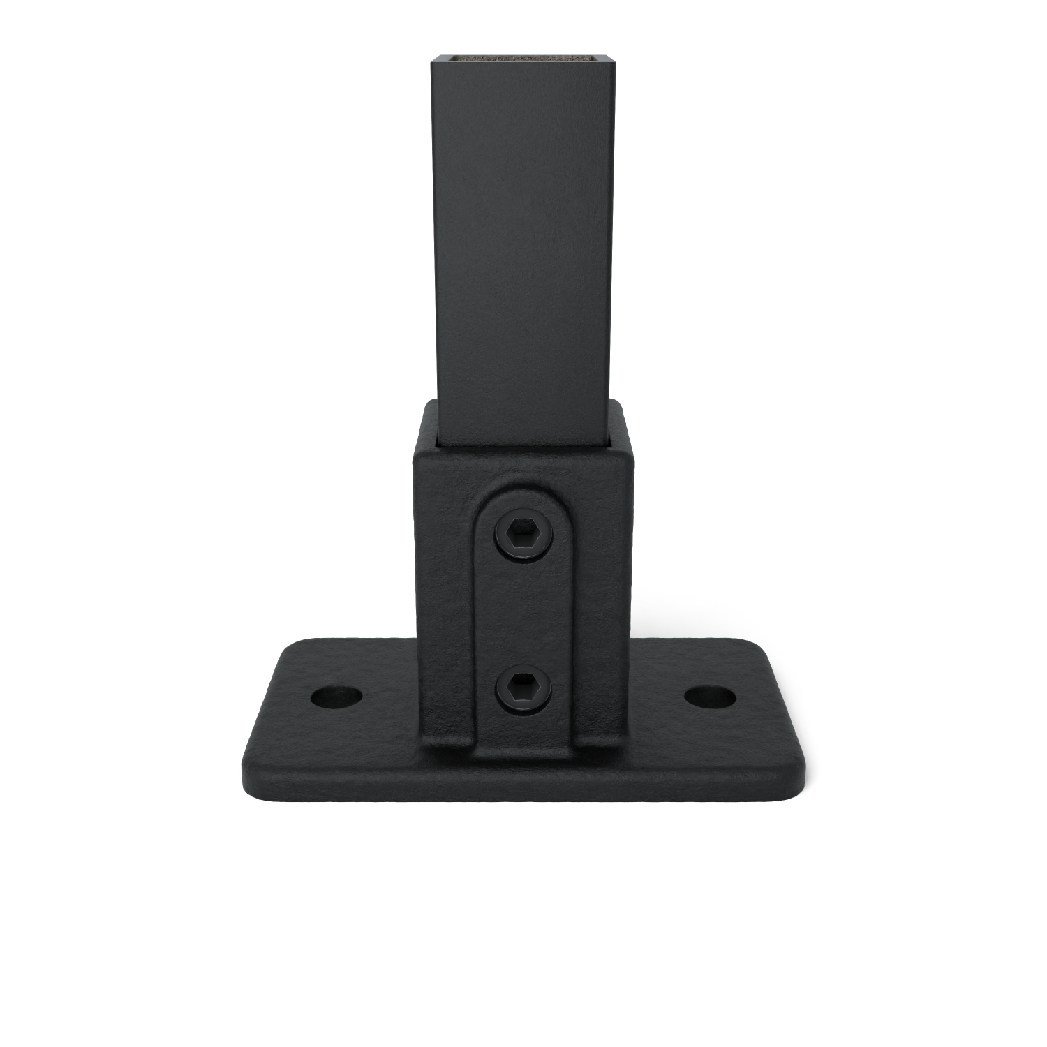 Placa base rectangular negra con tubo cuadrado vertical fijo. Placa con 2 orificios laterales de fijación; tubo con 2 tornillos hexagonales negros en la base. Acabado mate, para estabilización, no apto para barandillas.