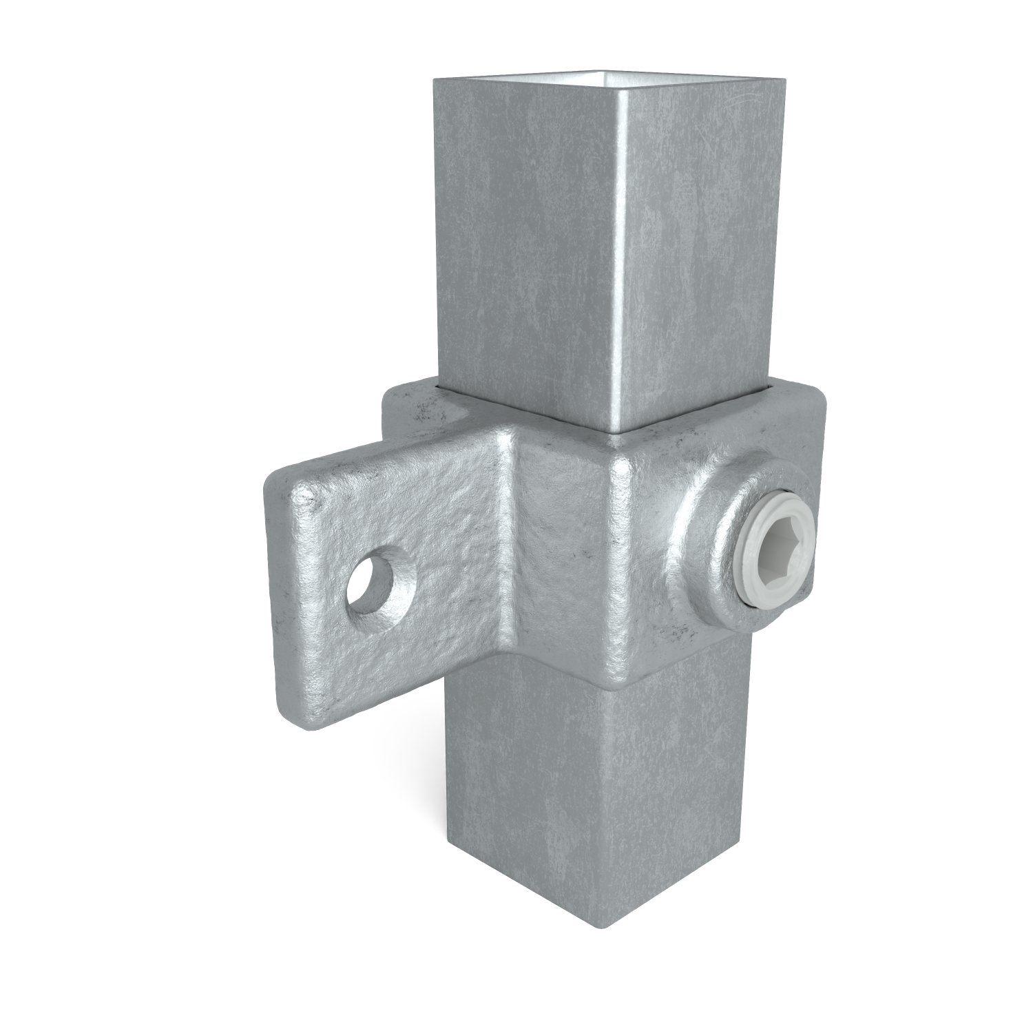 Conector metálico robusto gris plateado para tubos cuadrados; mantiene dos tubos en ángulo recto (uno vertical y otro horizontal). Se fija con tornillo hexagonal; el orificio de montaje se ve en el lateral del brazo.