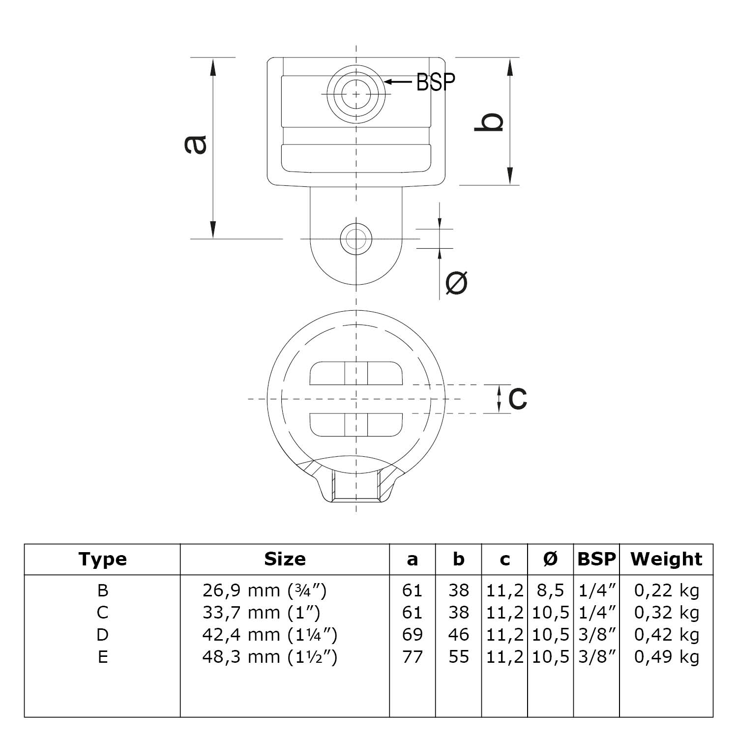 Dibujo técnico de un componente articulado metálico compuesto por dos elementos cilíndricos unidos. El elemento superior presenta una abertura con rosca BSP. A continuación se muestra una tabla con cuatro referencias, tamaños, dimensiones y peso.